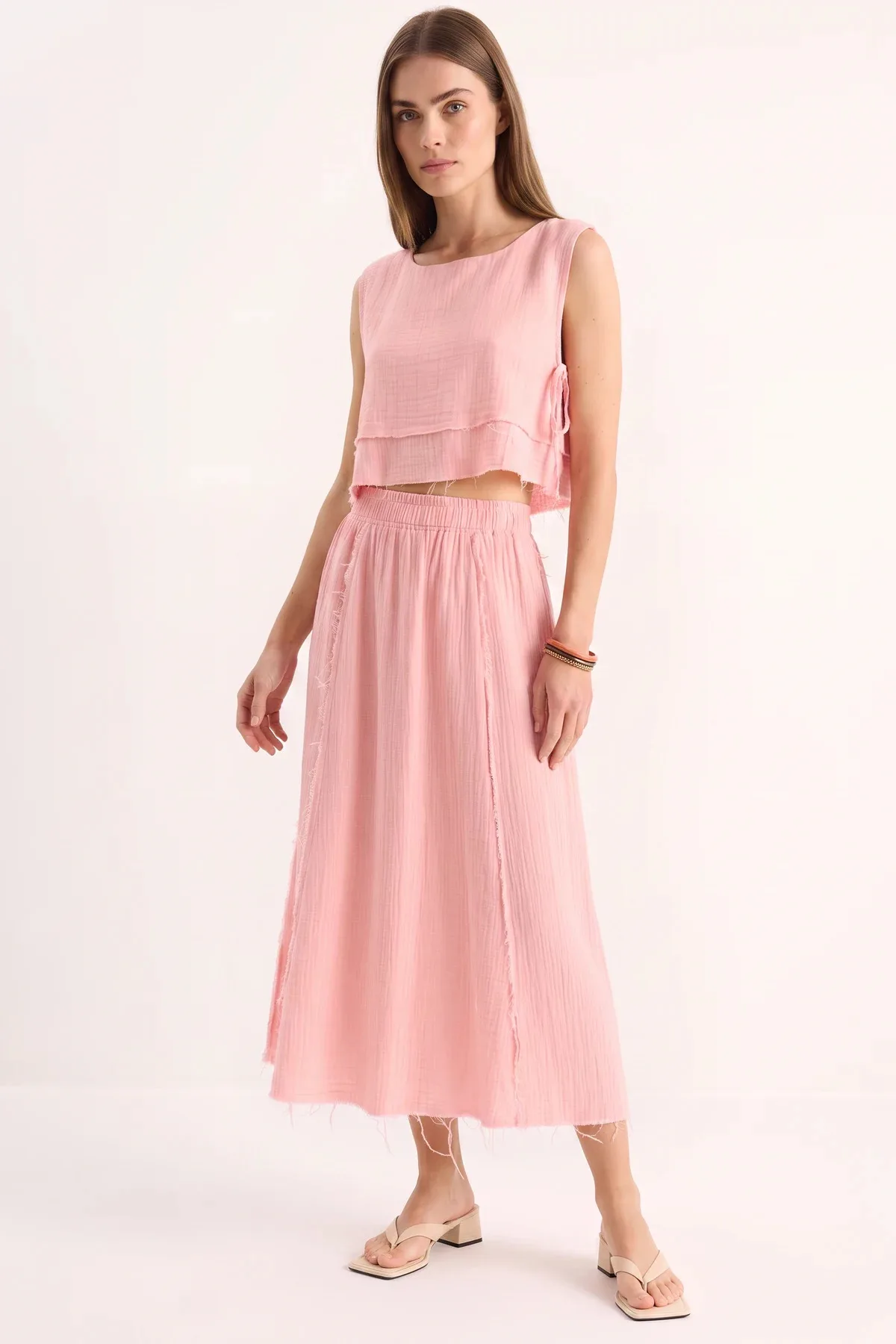 Kadın Beli Lastikli Etek Yandan Bağlama Detaylı Crop Müslin Şeker Pembe Alt Üst Takım