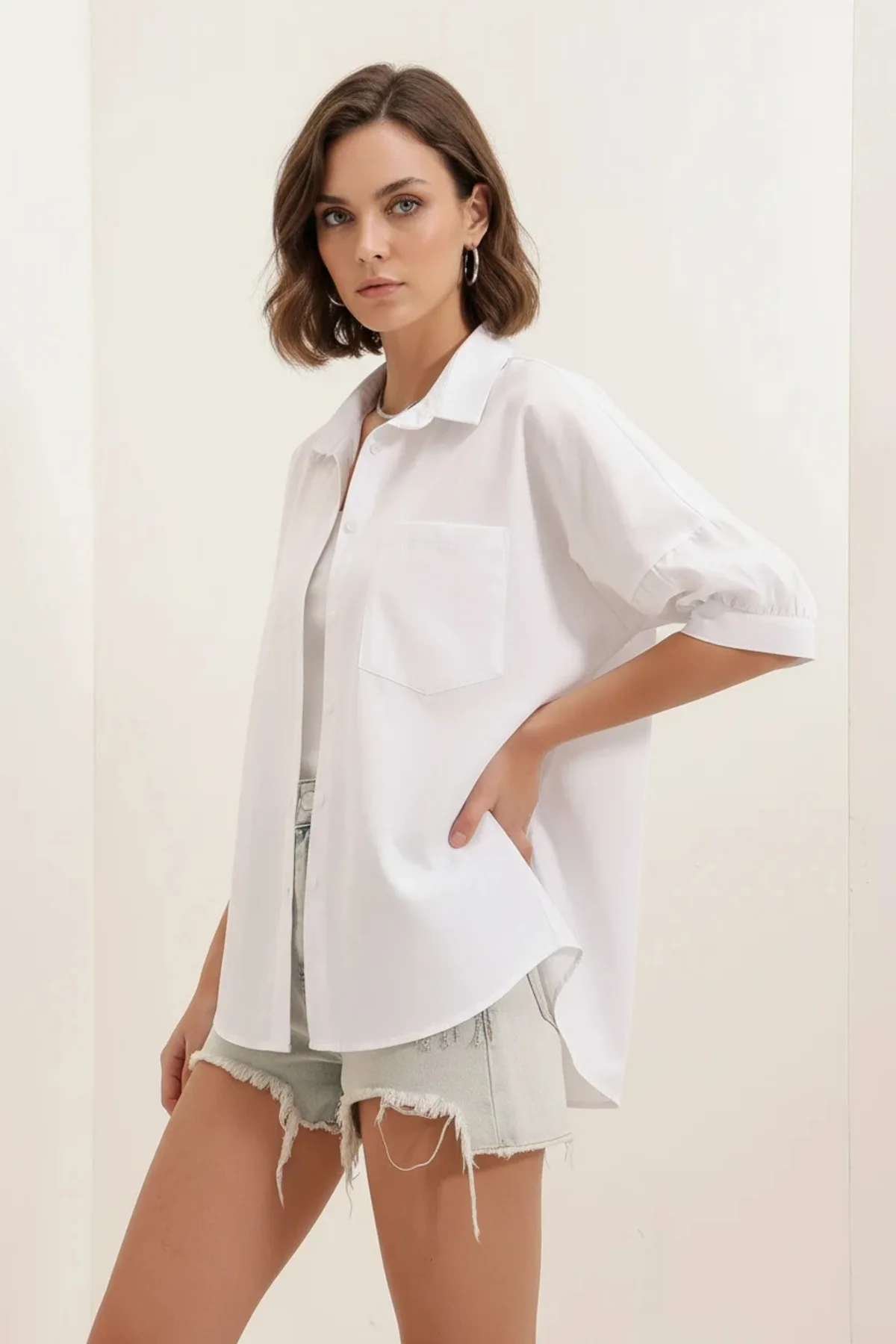 Kadın Kısa Kol Basic Oversize Pamuklu Siyah Gömlek