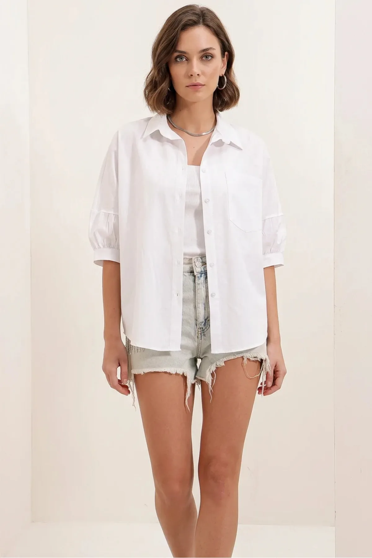 Kadın Kısa Kol Basic Oversize Pamuklu Siyah Gömlek
