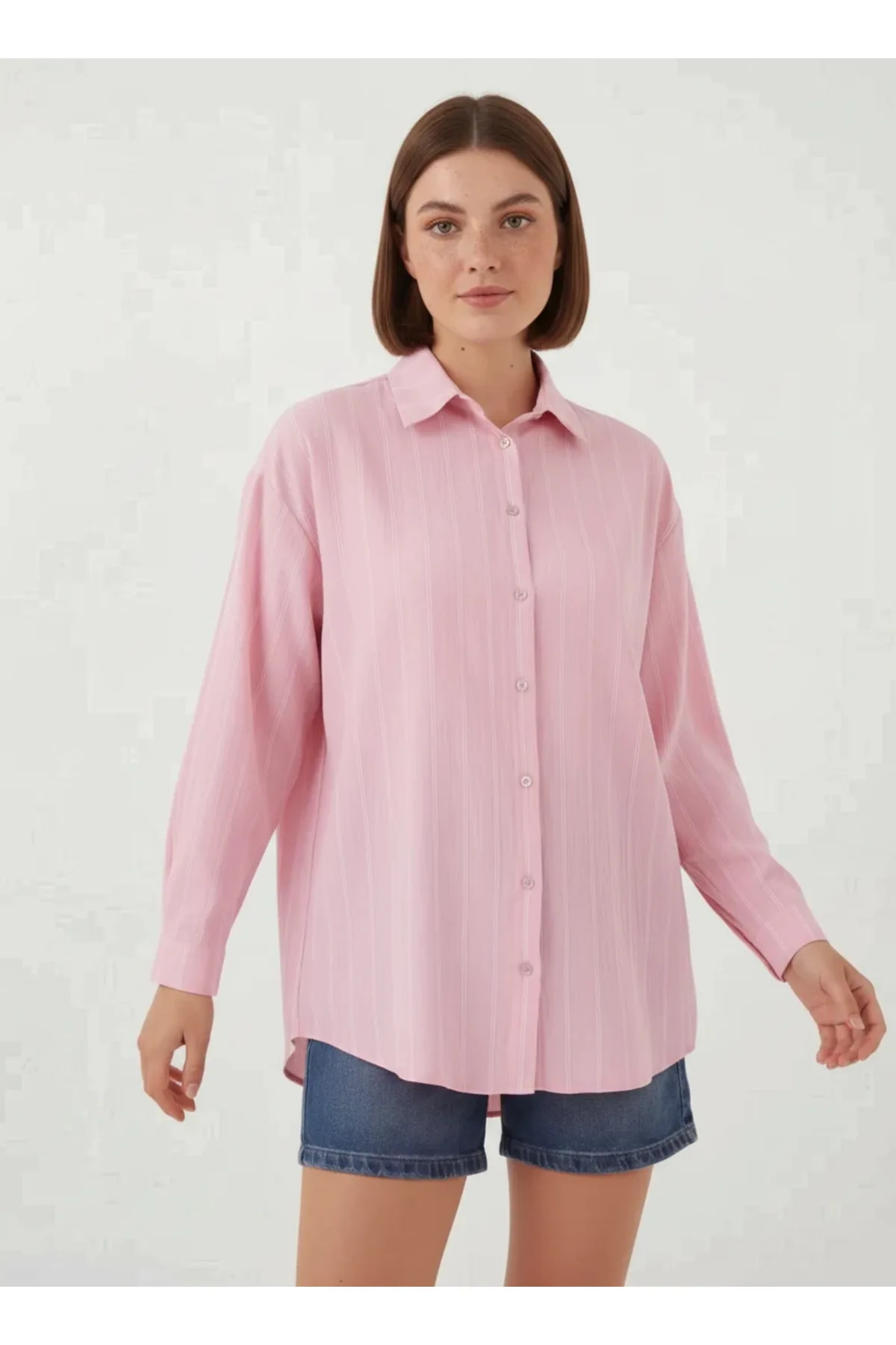 Kadın Oversize Çizgili Viskon Siyah Gömlek
