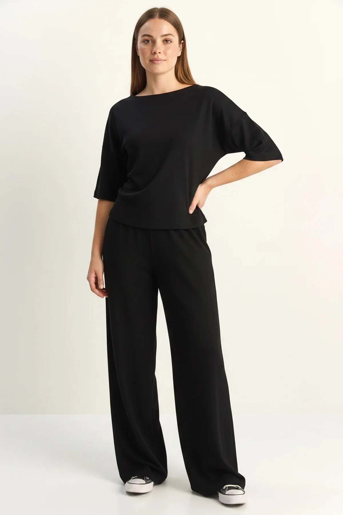 Kadın Belden Bağlamalı Basic T Shirt Bol Paça Pantolon Alt Üst Modal Siyah Takım