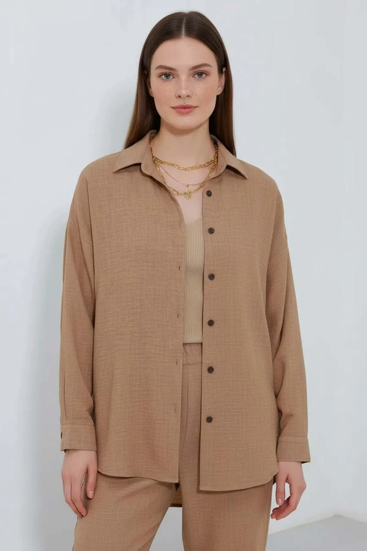 Kadın Oversize Viskon Camel Takım