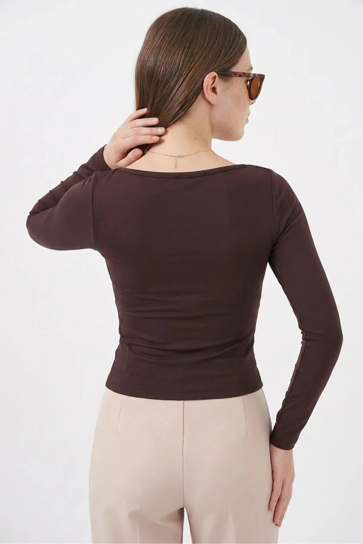 Kadın Kare Yaka Slim Fit Kahverengi Bluz