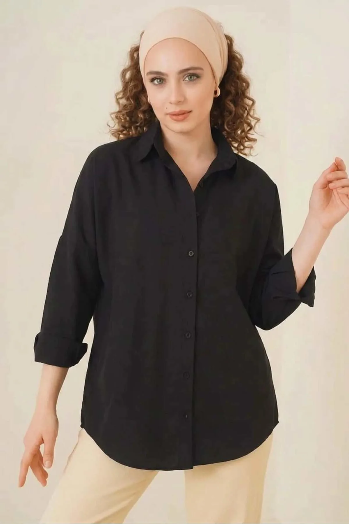 Kadın Oversize Kesim Basic Pamuklu Koyu Pembe Tesettür Gömlek