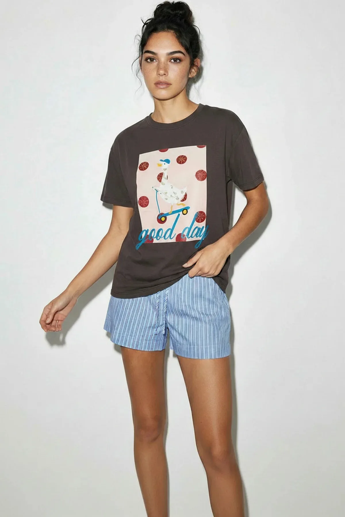 Kadın Good Day Baskılı Nakış Detaylı Relaxed Fit T Shirt Kahverengi