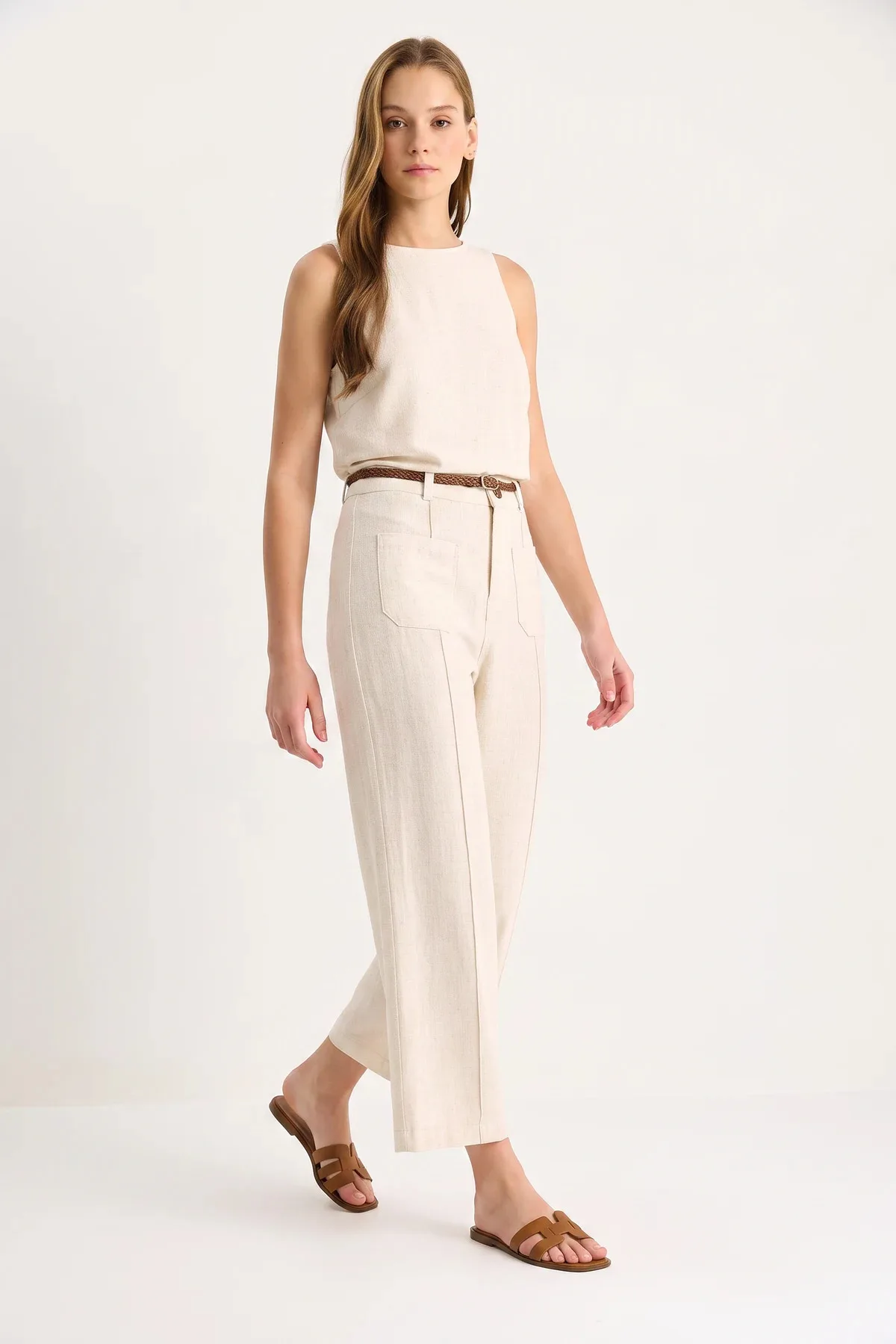 Kadın Kemerli Culotte Bej Pantolon