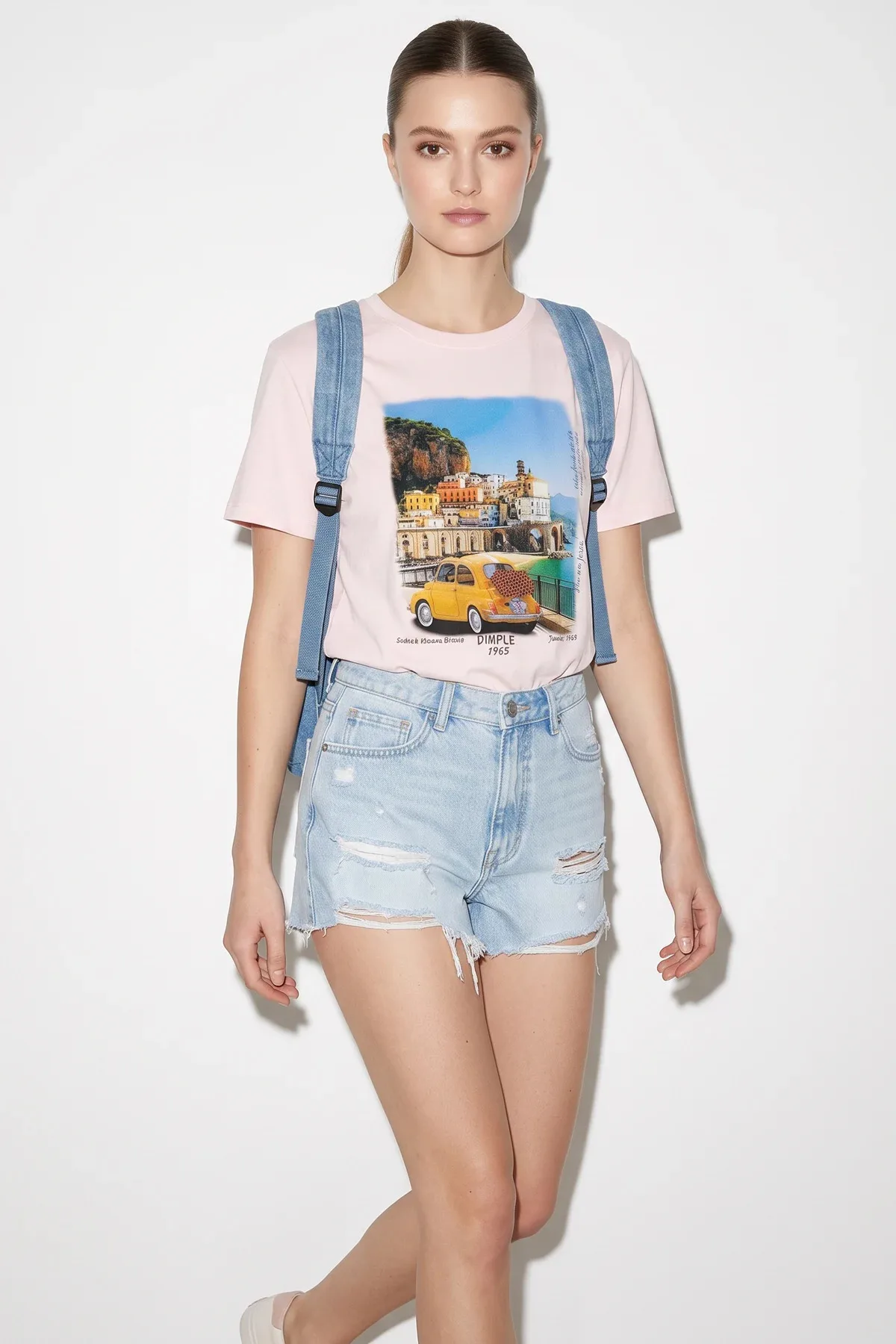 Kadın Italy Temalı Baskılı Premium Tasarım Pamuklu T Shirt Toz Pembe