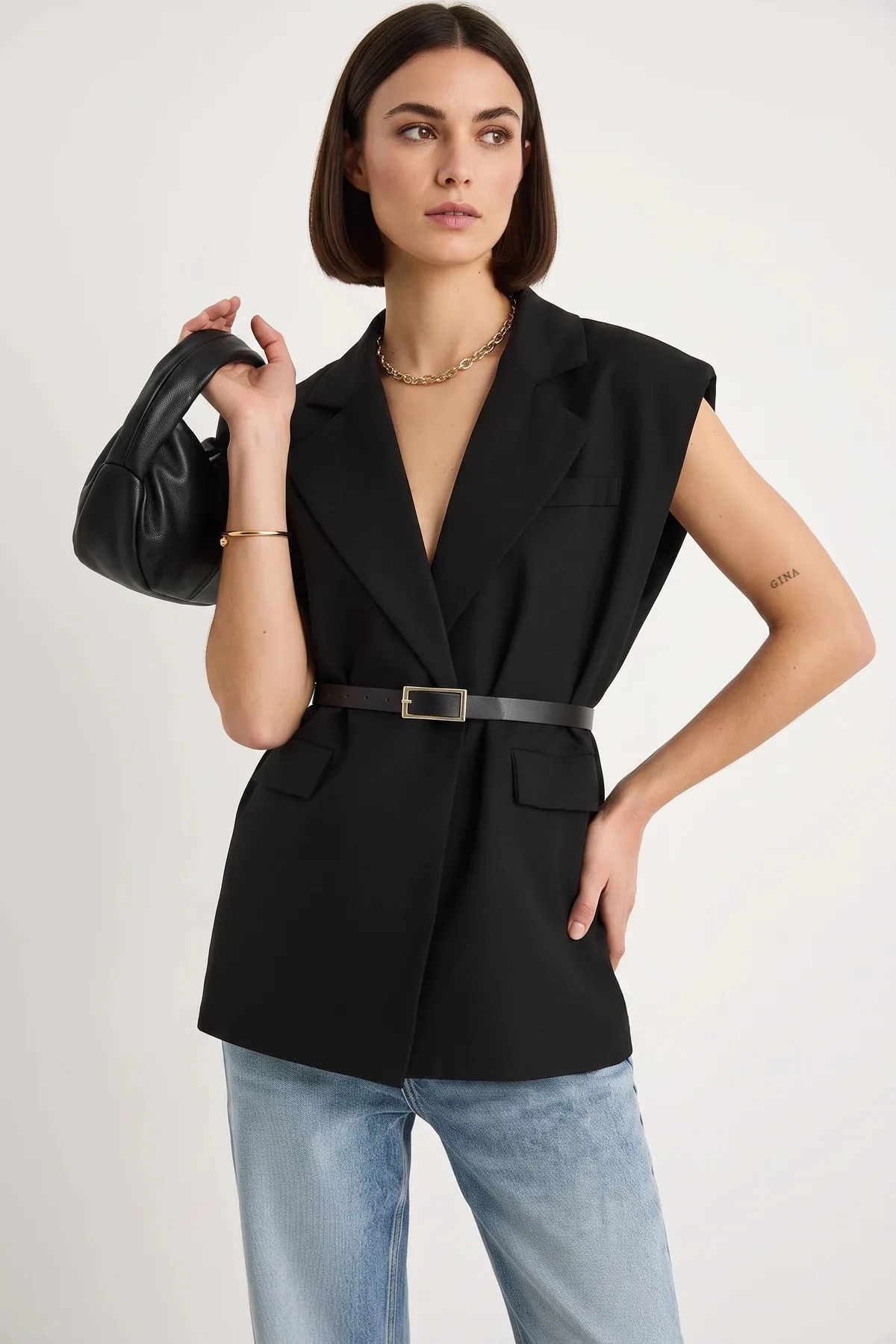 Kadın Cep Detaylı Kemerli Vatkalı Oversize Astarlı Blazer Siyah Yelek