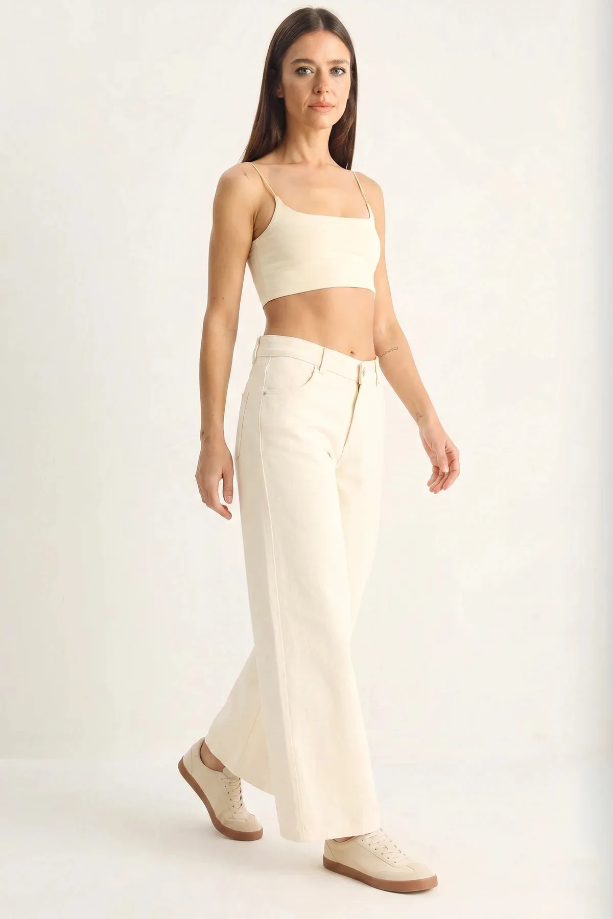 Kadın Desenli Cep Detaylı Yüksek Bel Wide Leg Denim Krem Pantolon