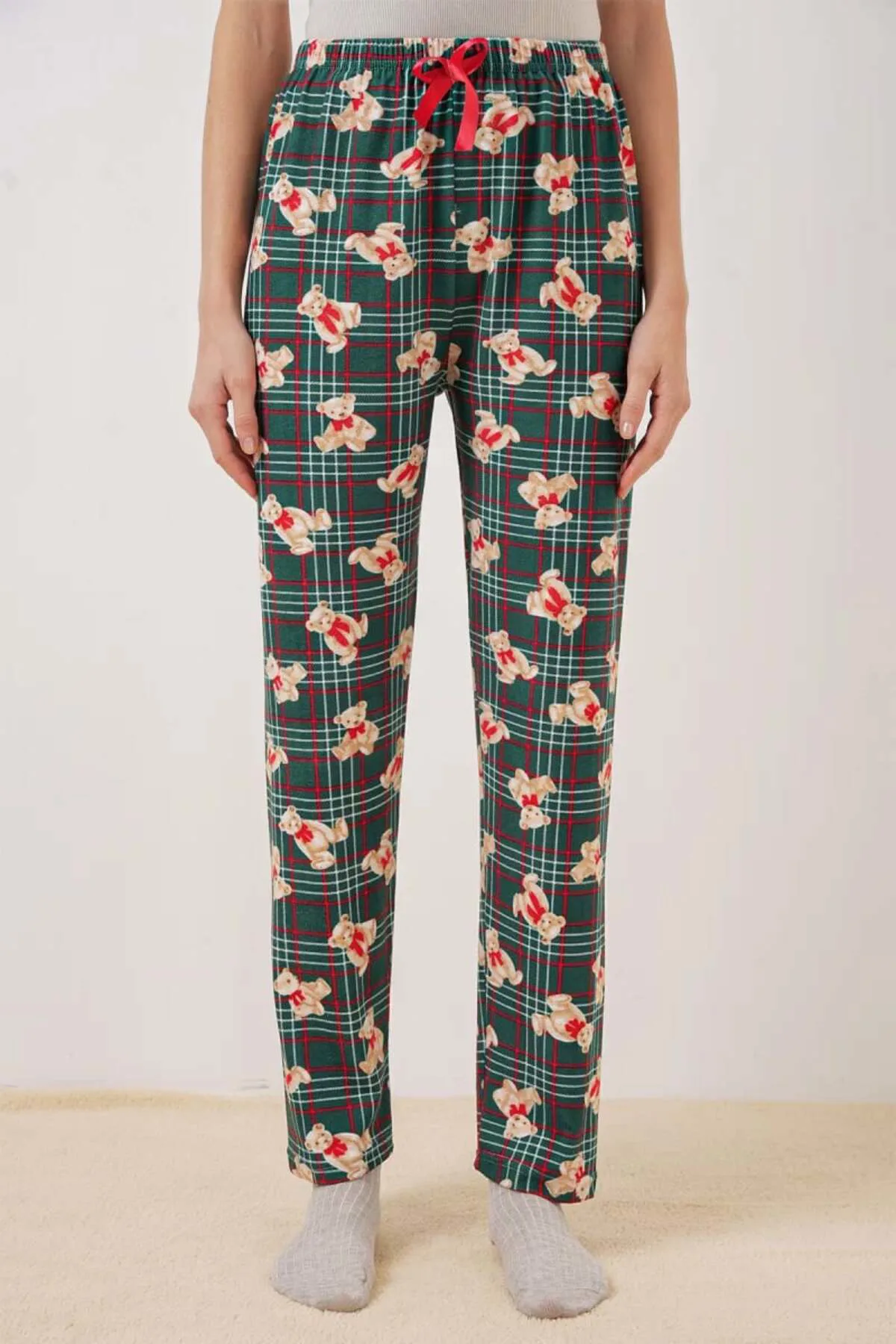 Kadın Beli Büzgülü Kareli Desenli Zümrüt Yeşili Pijama Altı