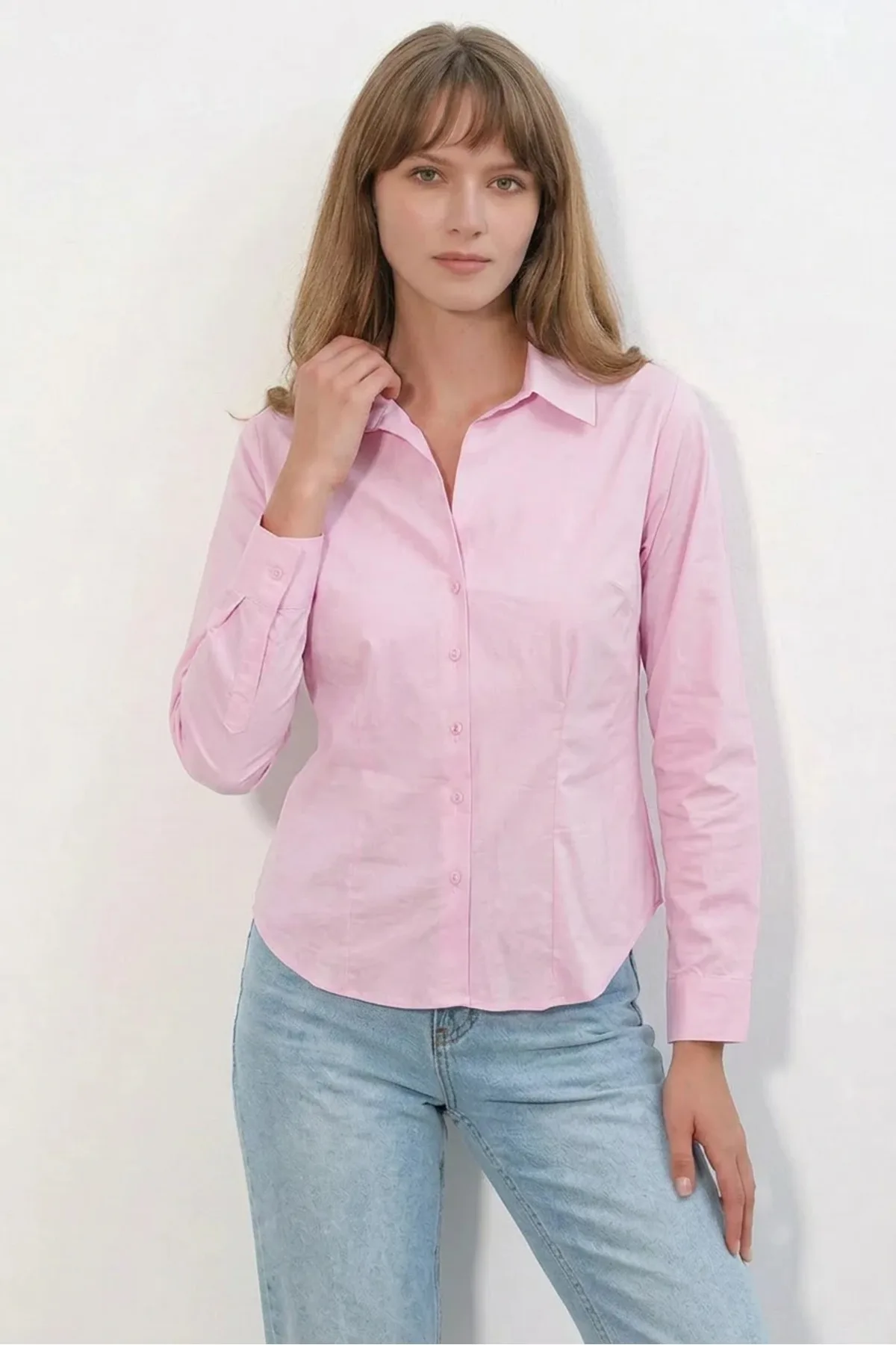Kadın Klasik Yaka Basic Pembe Gömlek