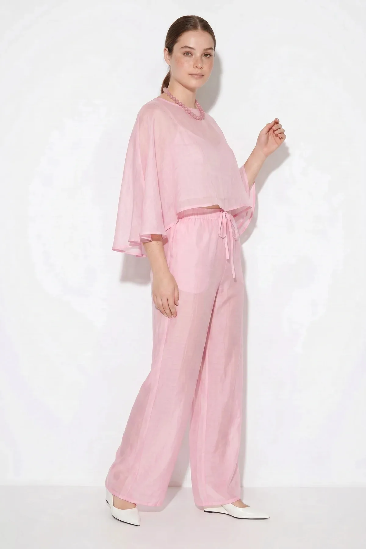 Kadın Pelerin Bluz Beli Lastikli Bağlamalı Bol Pantolonlu Pembe Takım
