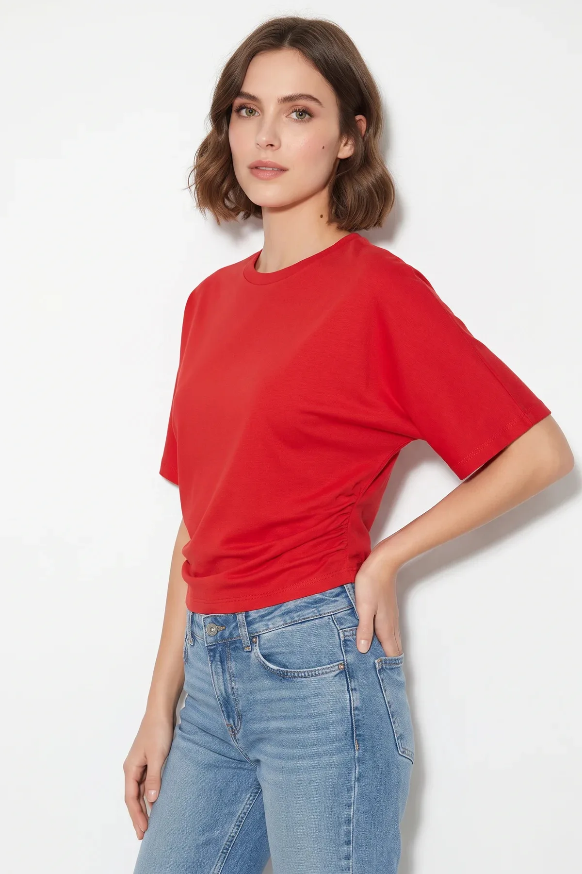 Kadın Beli Büzgülü Bisiklet Yaka T Shirt Kırmızı