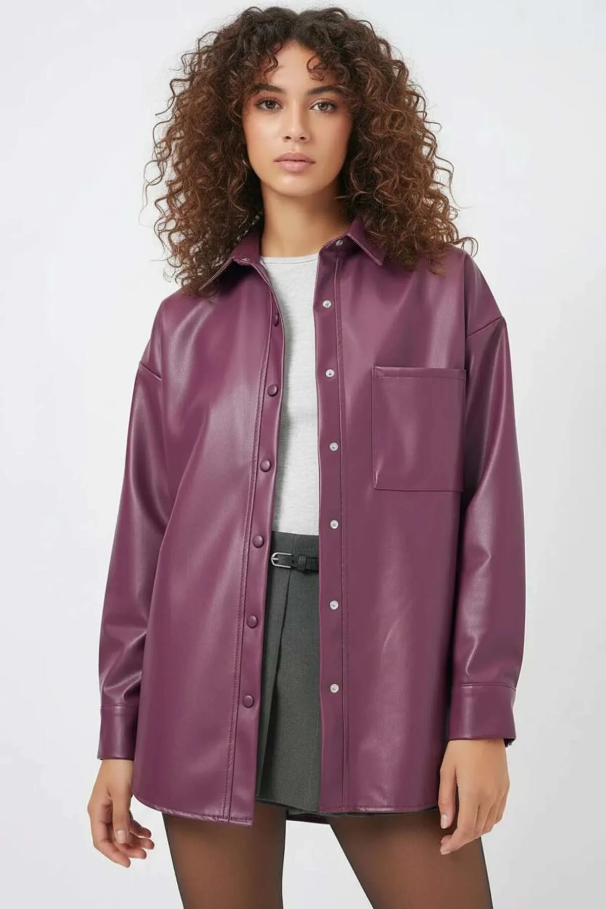 Kadın Oversize Kesim Mürdüm Gömlek