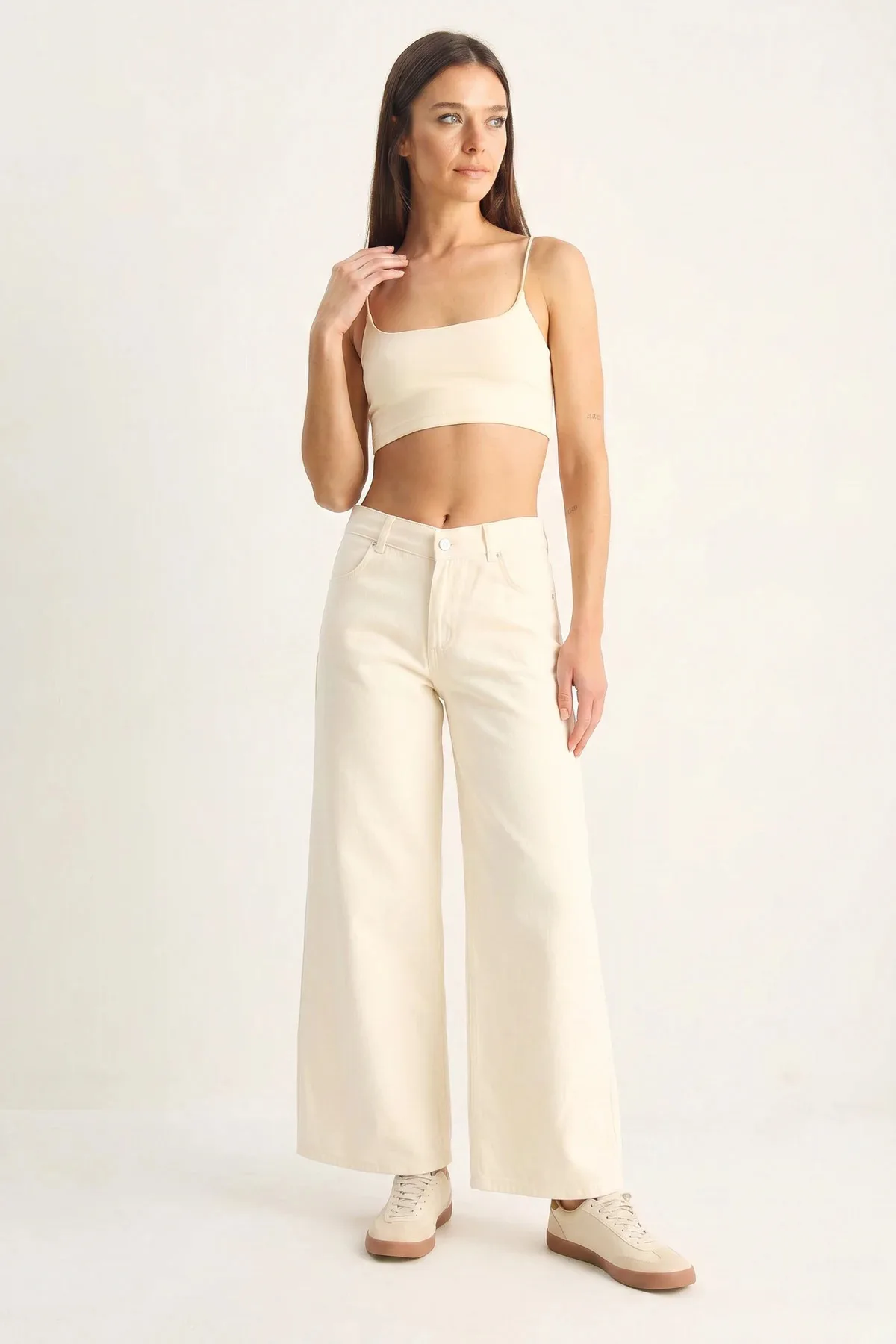 Kadın Desenli Cep Detaylı Yüksek Bel Wide Leg Denim Krem Pantolon