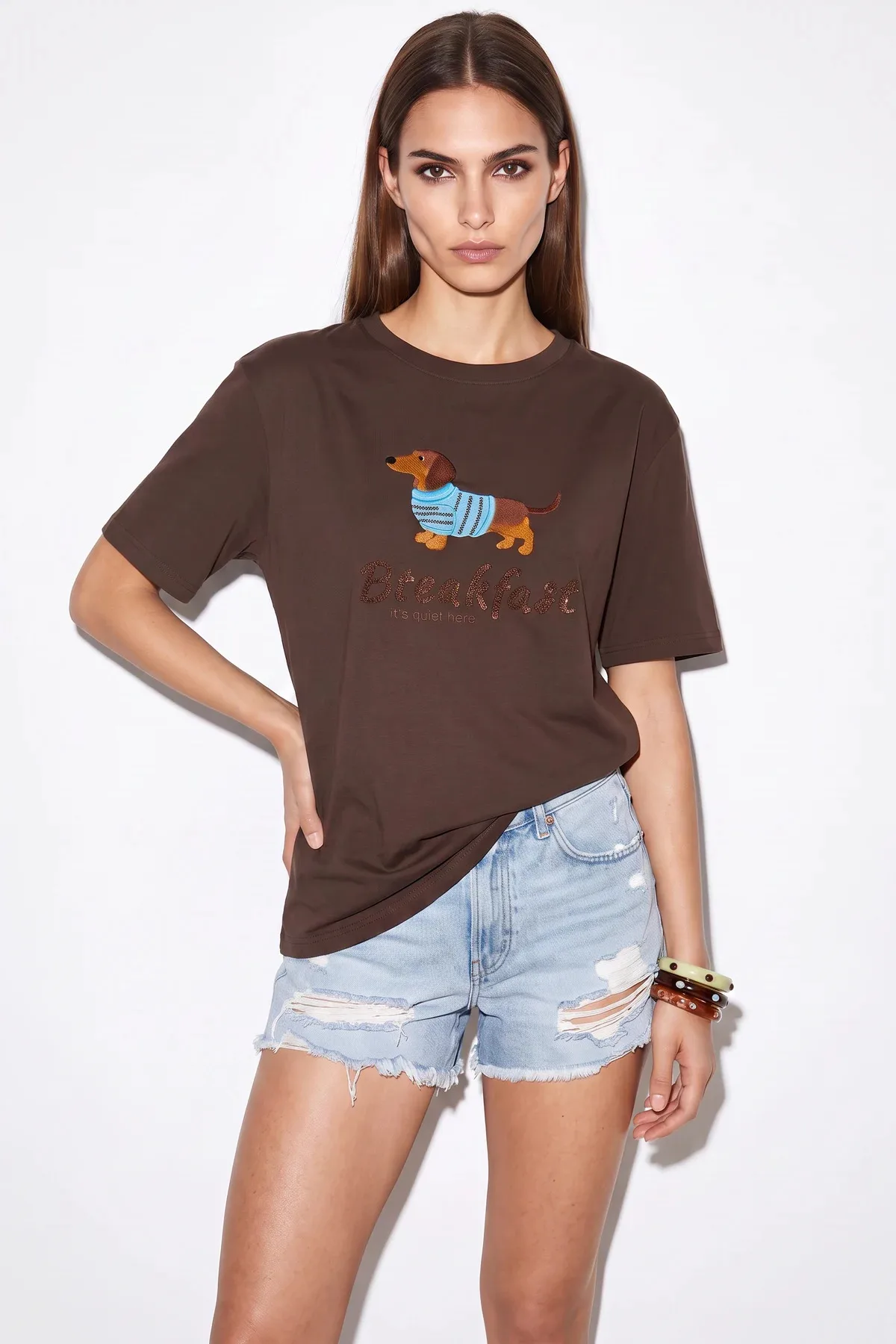 Kadın Bisiklet Yaka Nakış ve Boncuk İşlemeli Oversize T Shirt Kahverengi