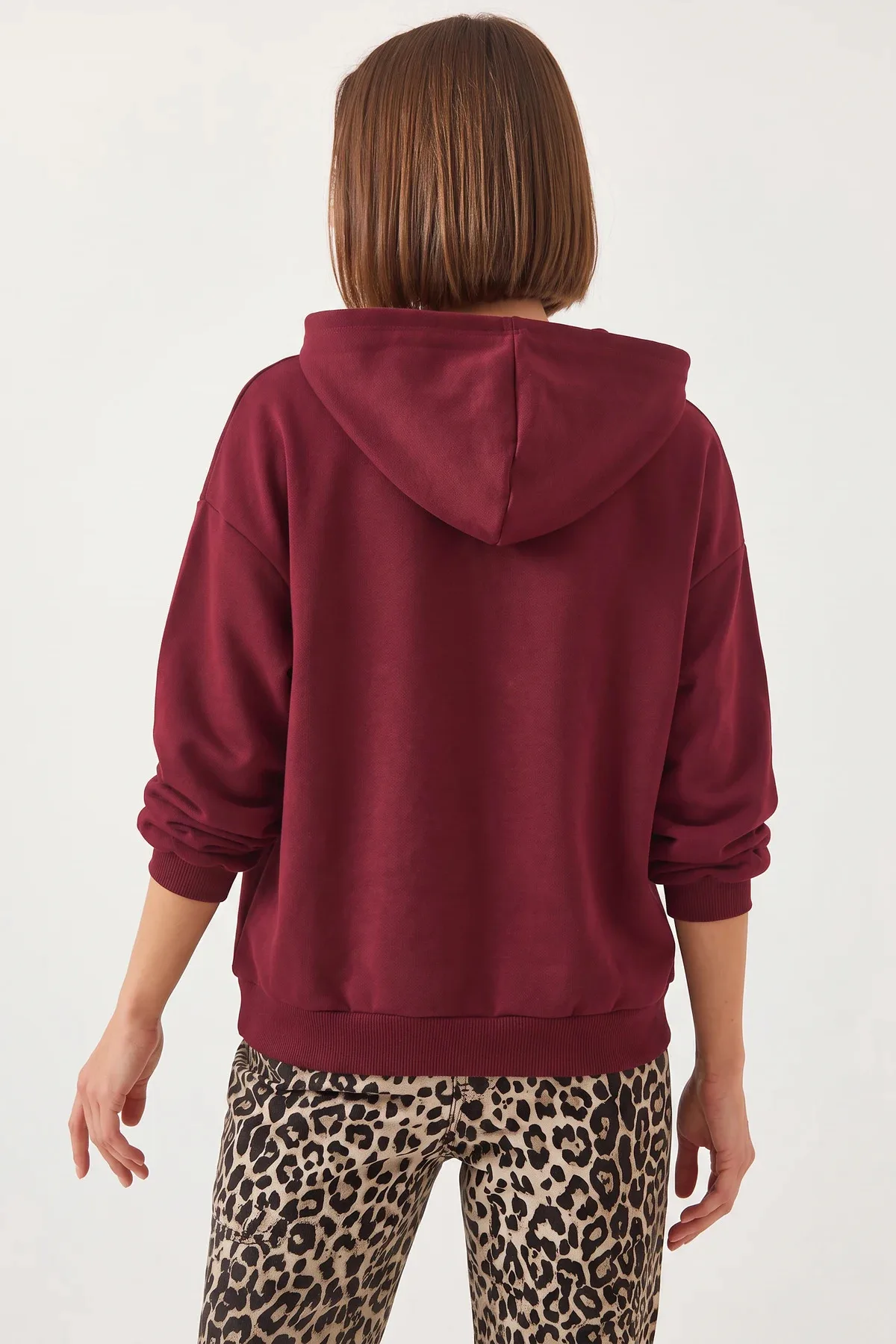 Kadın Kapüşonlu V Yaka Bordo Sweatshirt