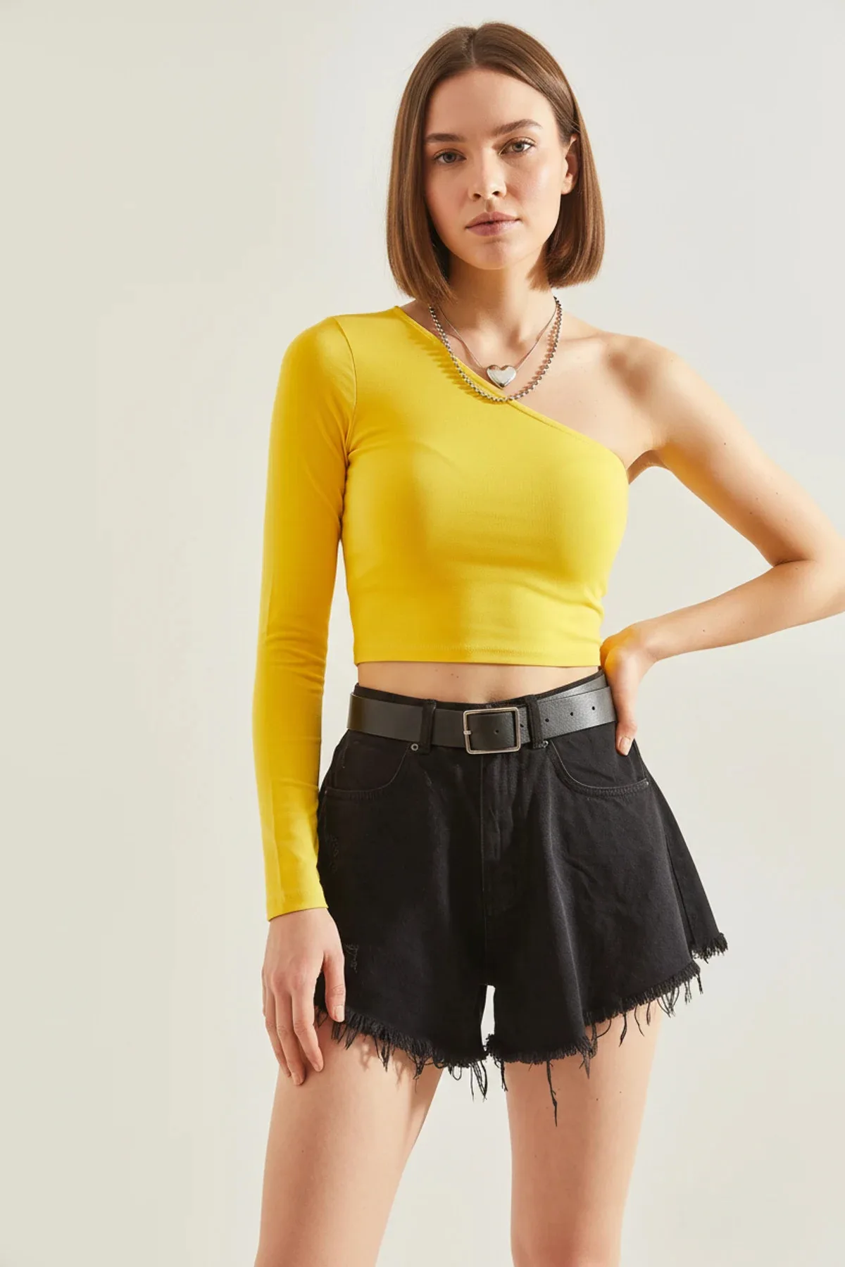 Kadın Uzun Tek Omuz Crop Sarı Bluz
