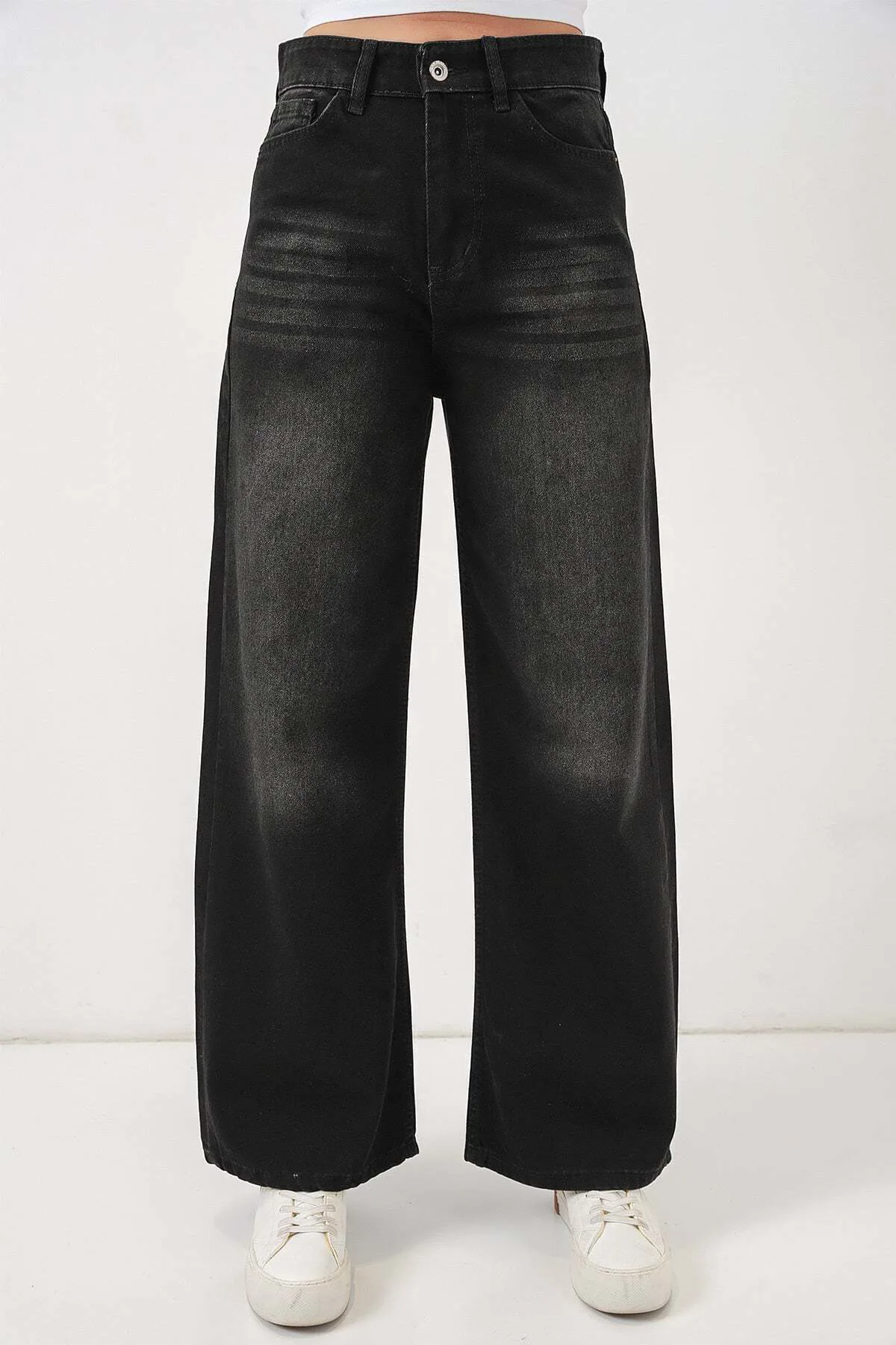 Kadın Yuvarlak Yaka Yüksek Bel Noktalı Desen Denim Bol Paça Beyaz Palazzo Pantolon