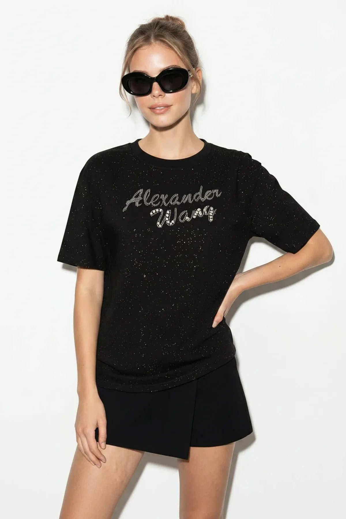 Kadın Simli Taş Yazı Baskılı Bisiklet Yaka Oversize Basic T Shirt Siyah