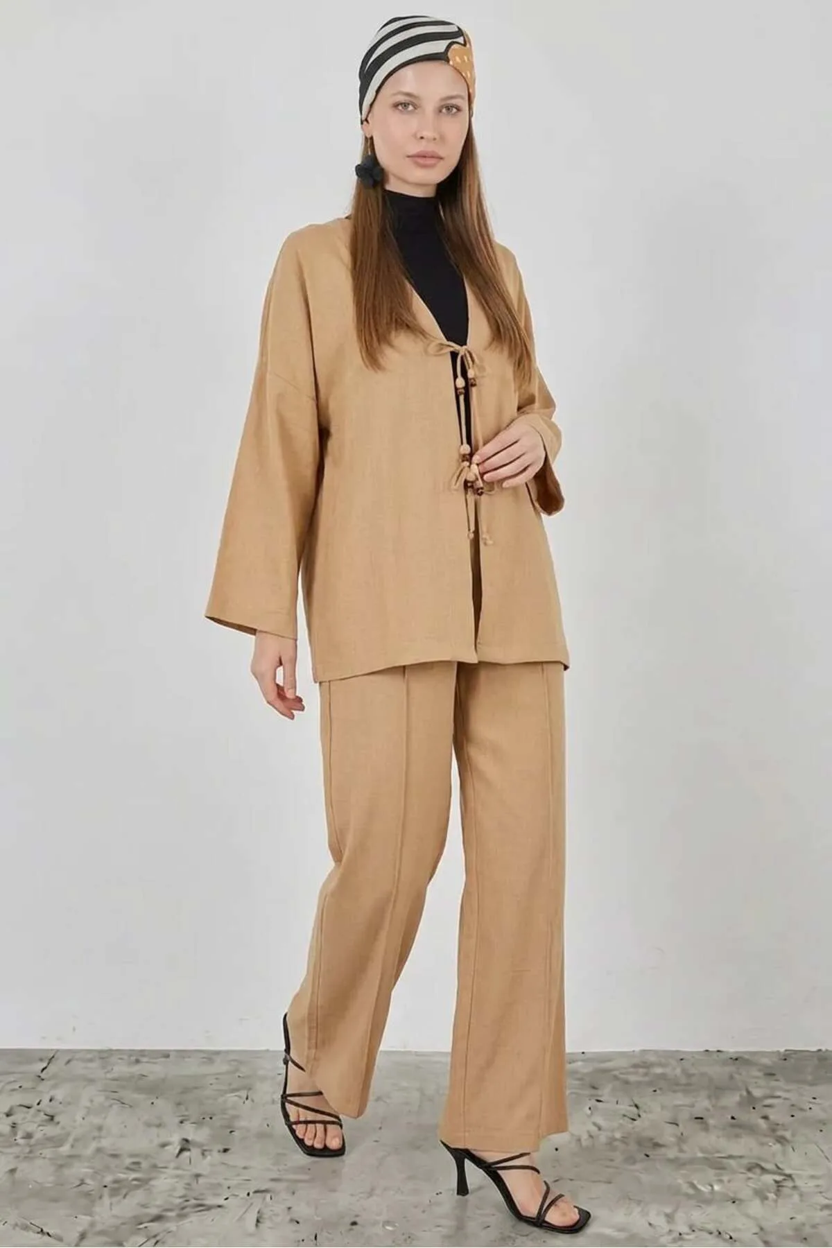 Kadın V Yaka Kimono Kuşaklı Keten Bisküvi İkili Takım