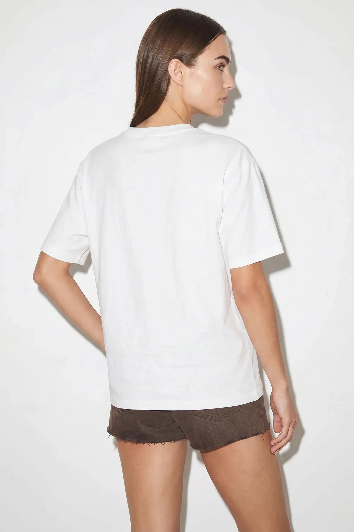 Kadın Bisiklet Yaka Nakış Boncuk İşlemeli Oversize T Shirt Beyaz T-Shirt