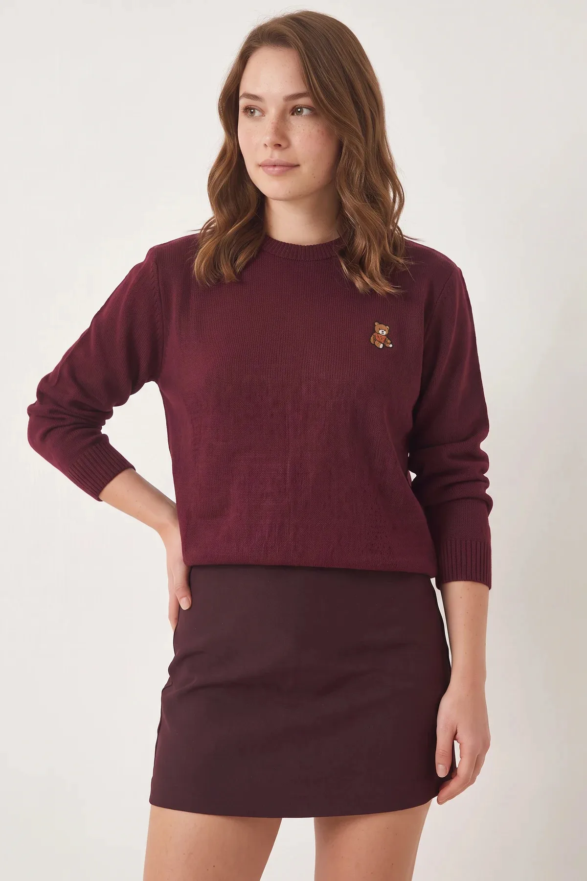 Kadın Teddy Nakışlı Basic Bordo Kazak