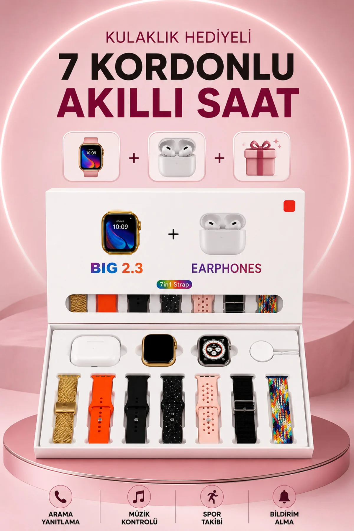 Akıllı Saat Bluetooth Kulaklık Hediyeli Bildirim Görme Sesli Görüşme Çoklu Kordon