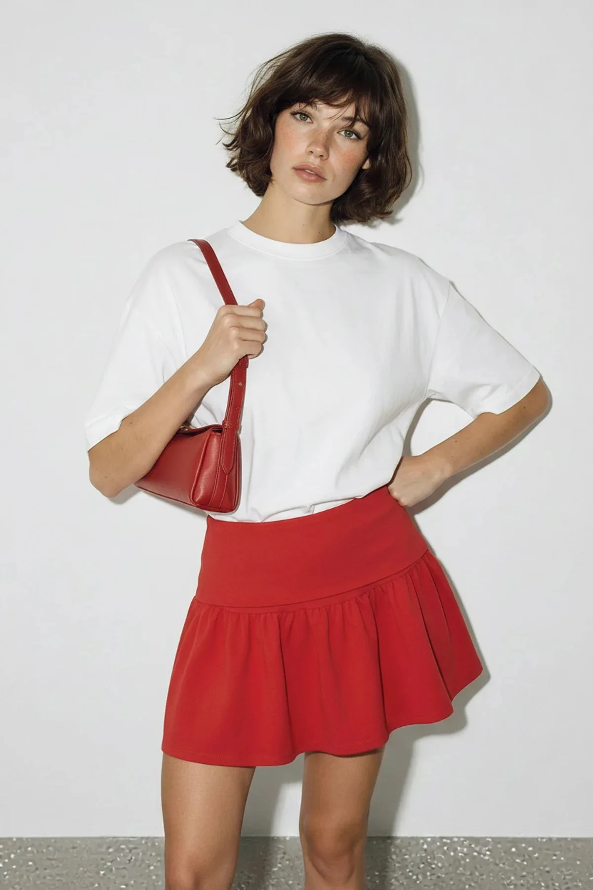 Kadın Sırtı Kalp Dekolteli Oversize Modal T Shirt Beyaz Kırmızı T-Shirt
