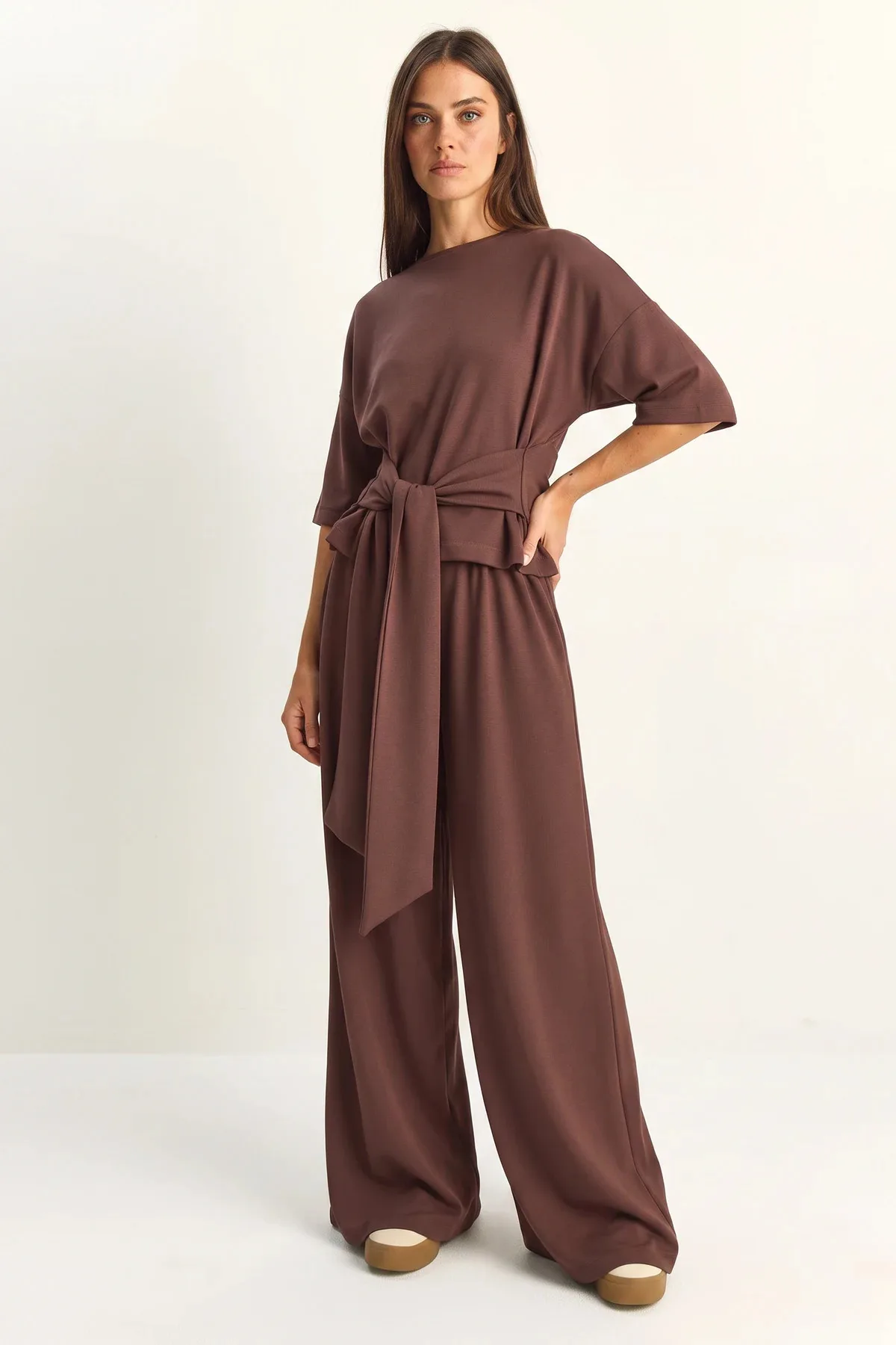 Kadın Belden Bağlamalı Basic T Shirt Bol Paça Pantolon Alt Üst Modal Acı Kahve Takım