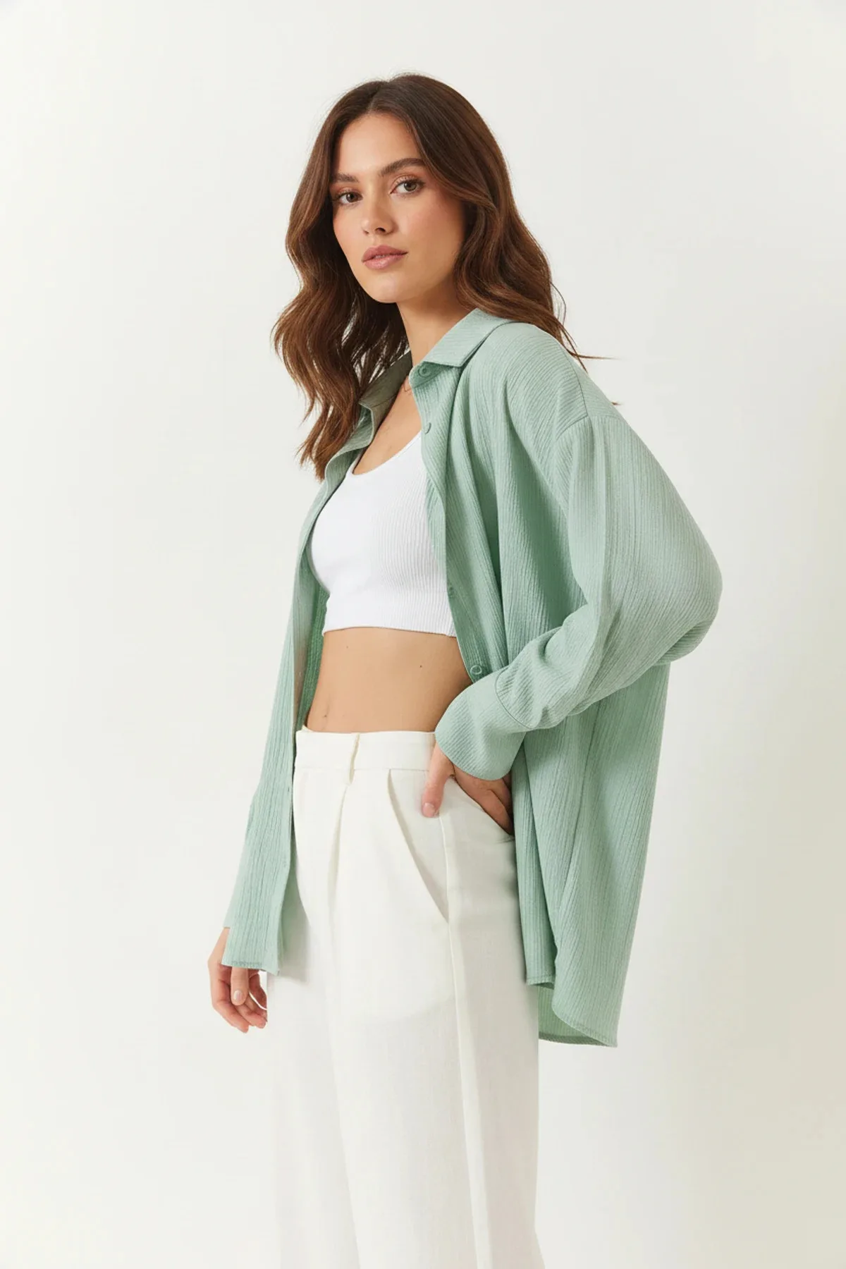 Kadın Düşük Omuz Oversize Basic Bürümcük Mint Yeşili Gömlek