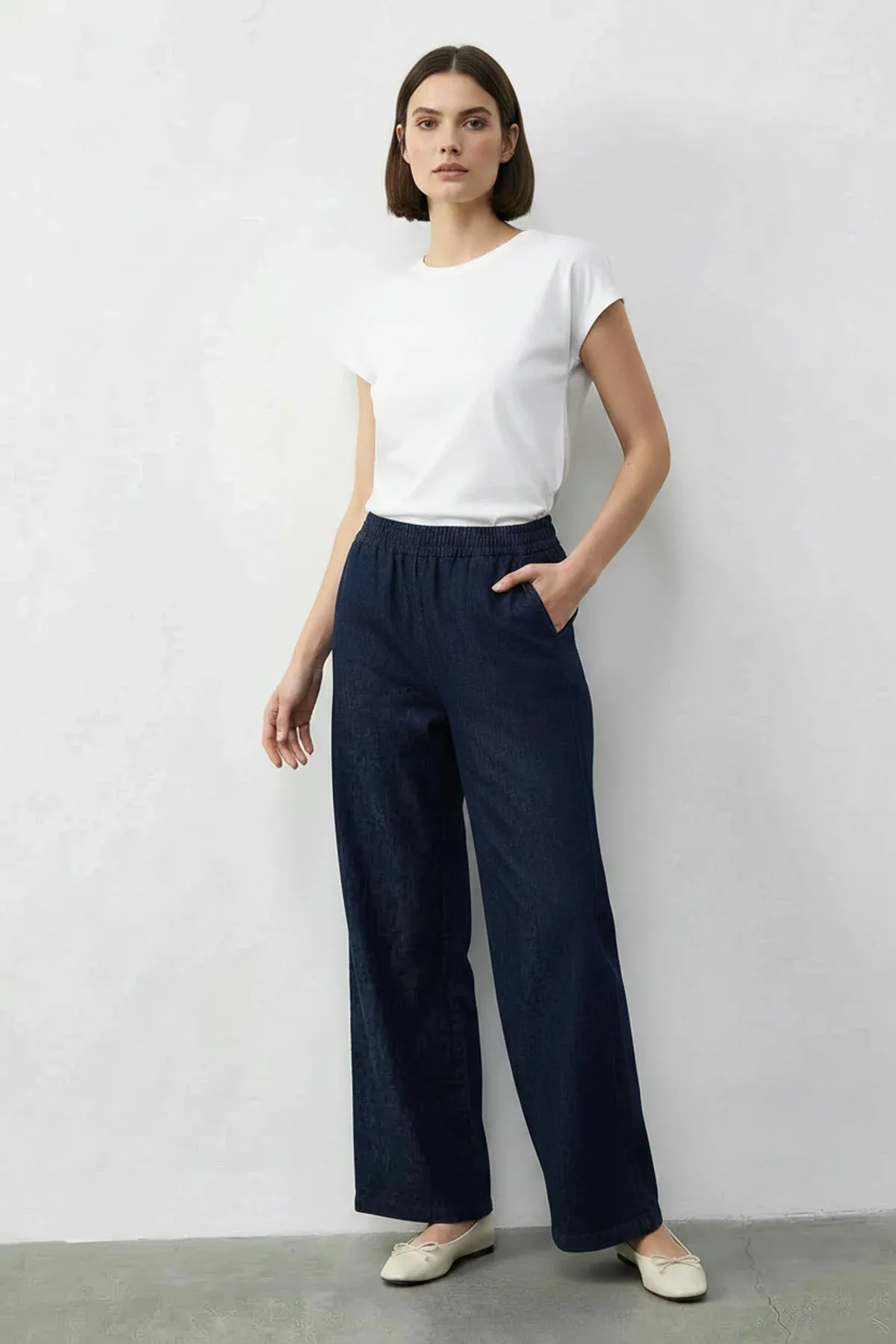 Kadın Kruvaze Yaka Saten Kuşaklı Yelek Bol Pantolon Alt Üst Denim Lacivert Takım