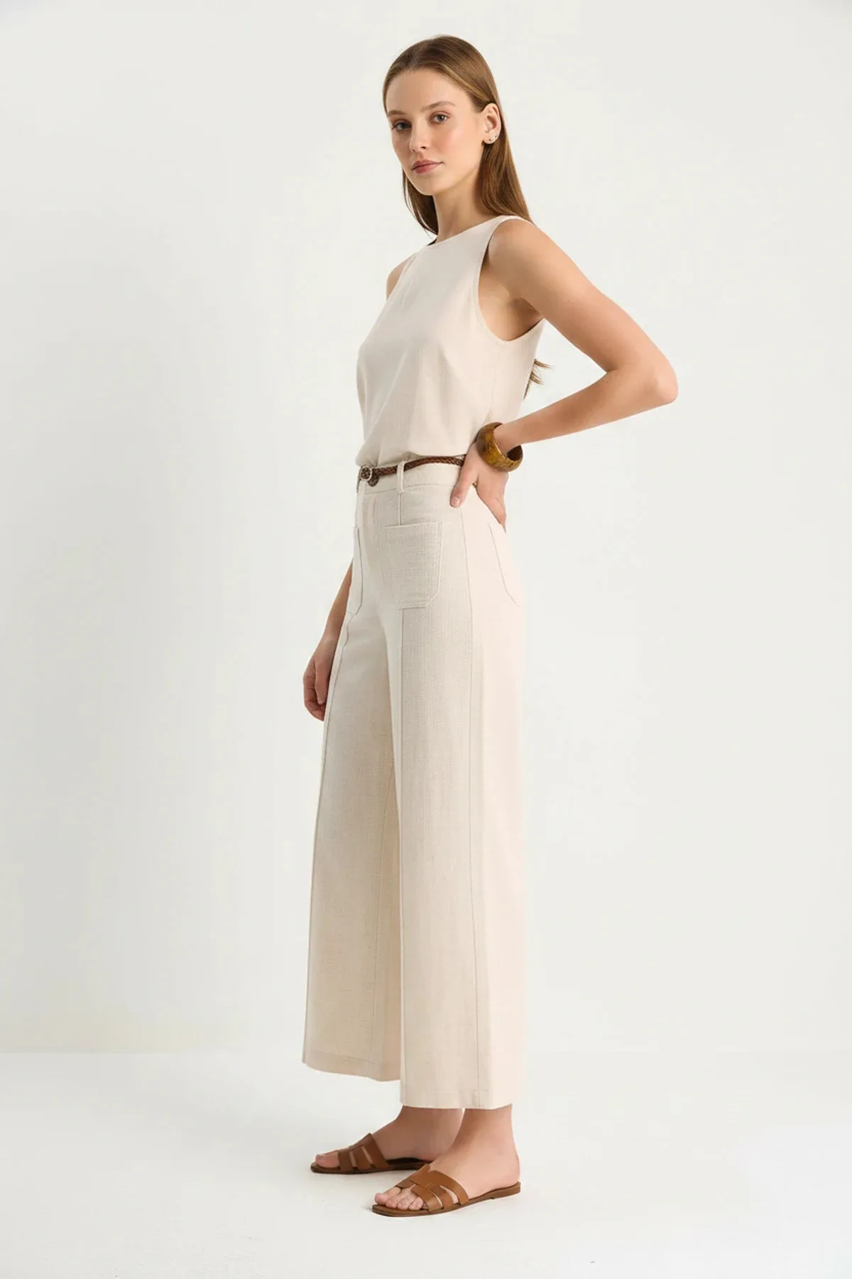 Kadın Kemerli Culotte Bej Pantolon