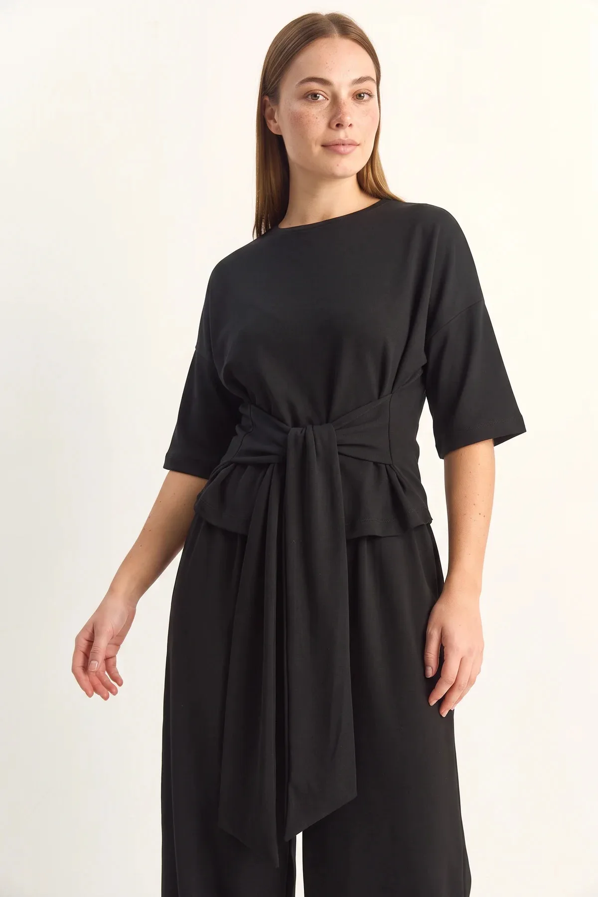 Kadın Belden Bağlamalı Basic T Shirt Bol Paça Pantolon Alt Üst Modal Siyah Takım