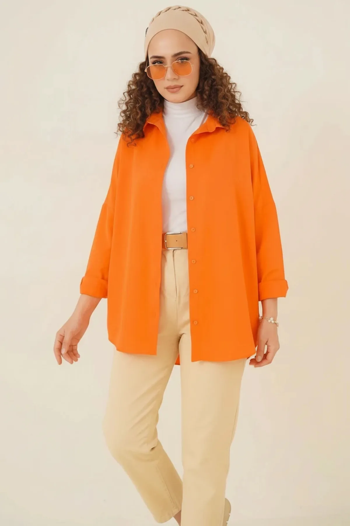 Kadın Oversize Basic Turuncu Tesettür Gömlek