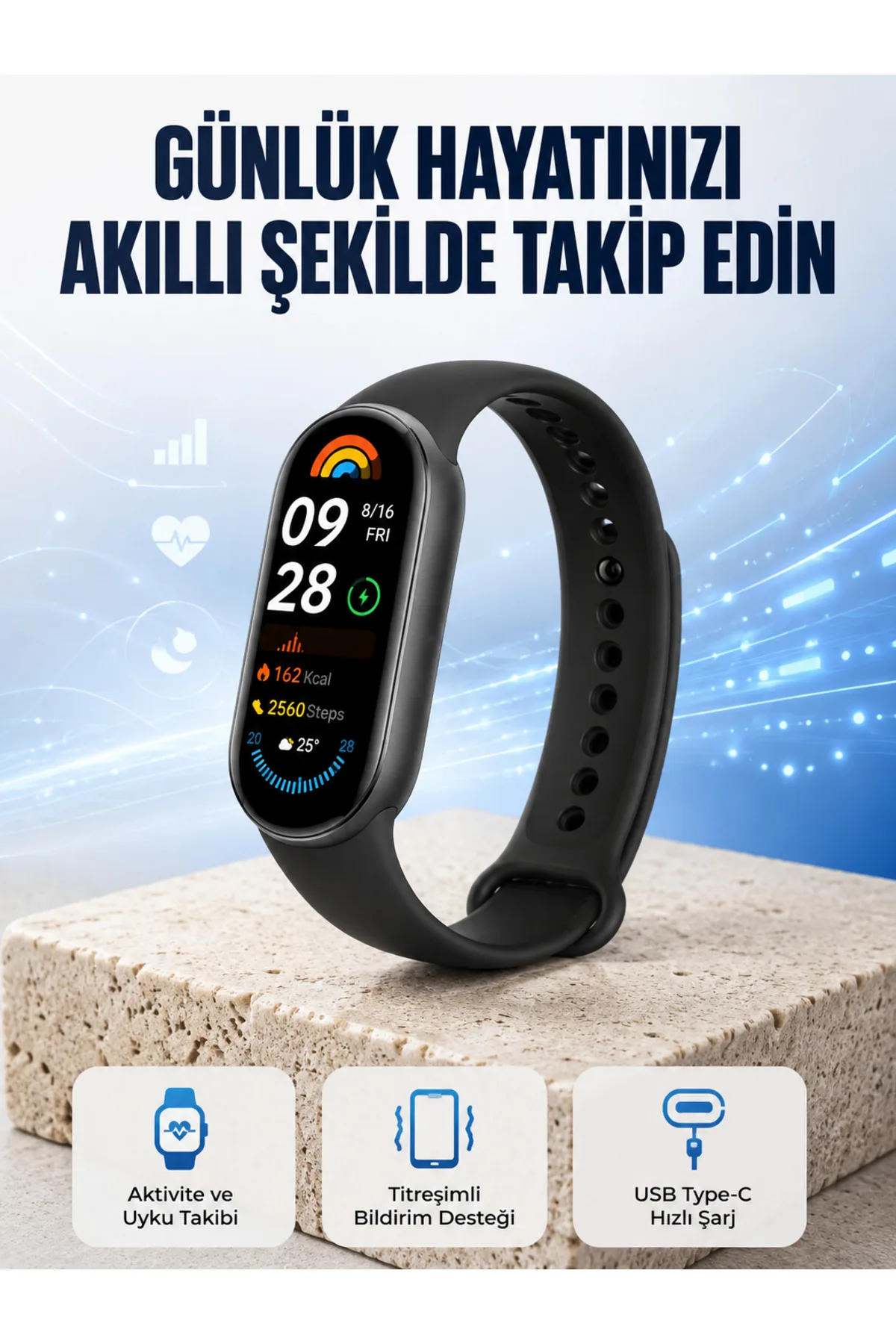 TPU ve Silikon Kordonlu Akıllı Bileklik – 20 Gün Bekleme Süresi Yeni Nesil