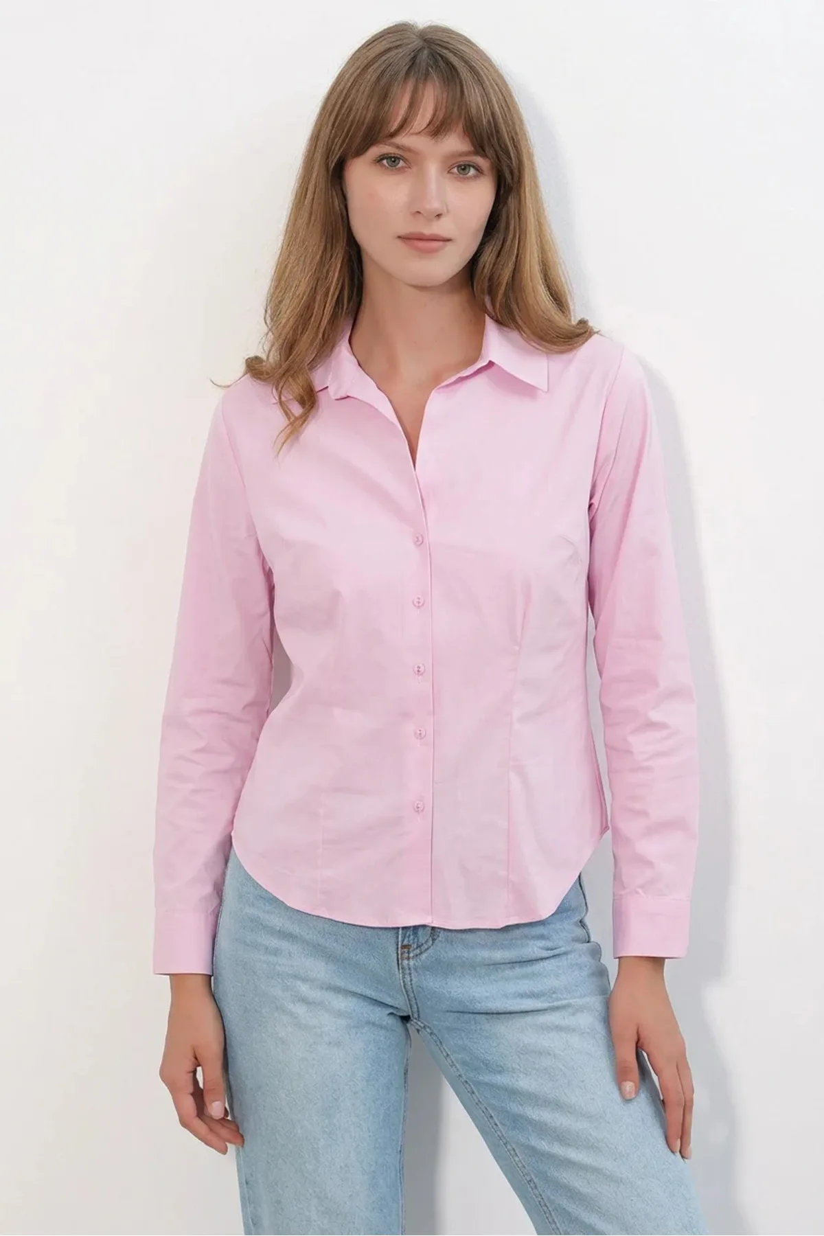 Kadın Klasik Yaka Basic Pembe Gömlek