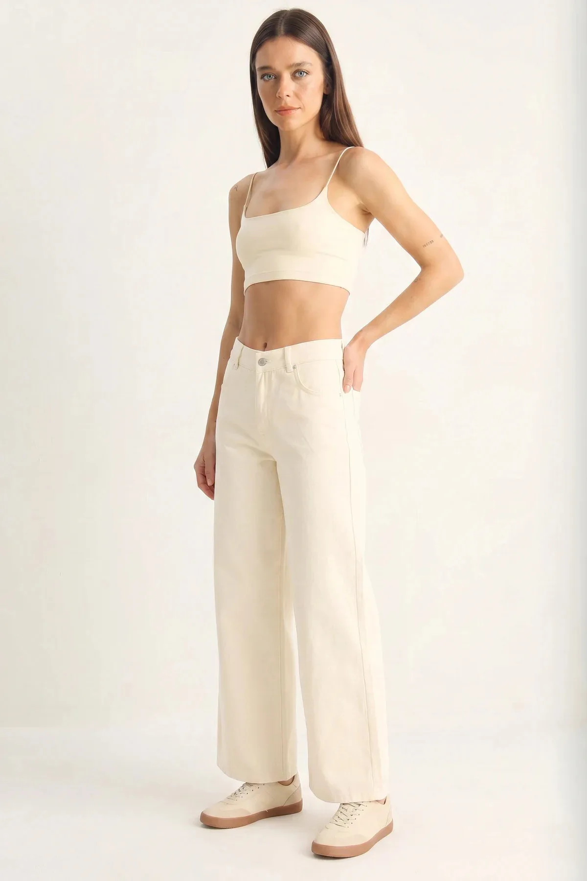 Kadın Desenli Cep Detaylı Yüksek Bel Wide Leg Denim Krem Pantolon