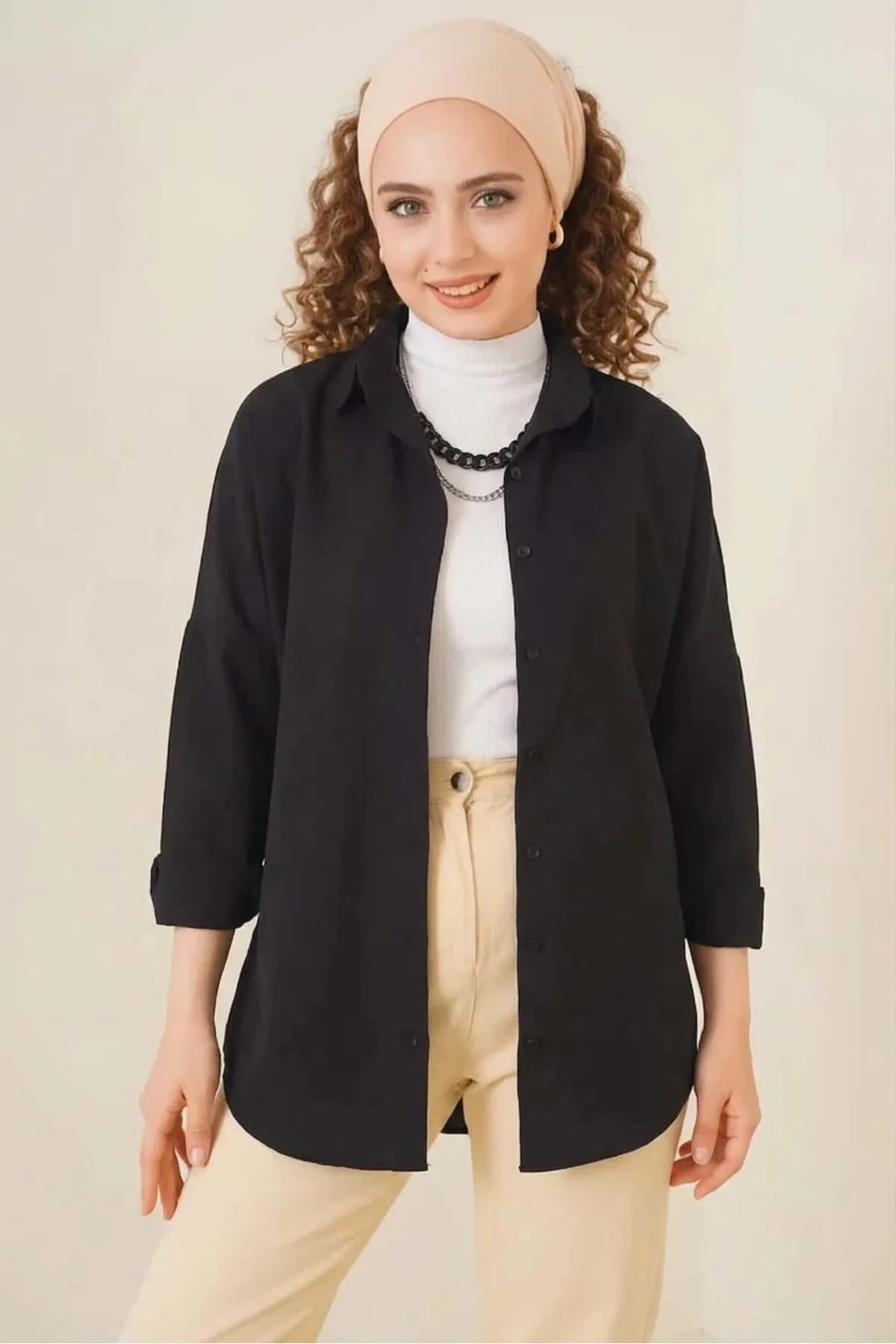 Kadın Oversize Kesim Basic Pamuklu Koyu Pembe Tesettür Gömlek
