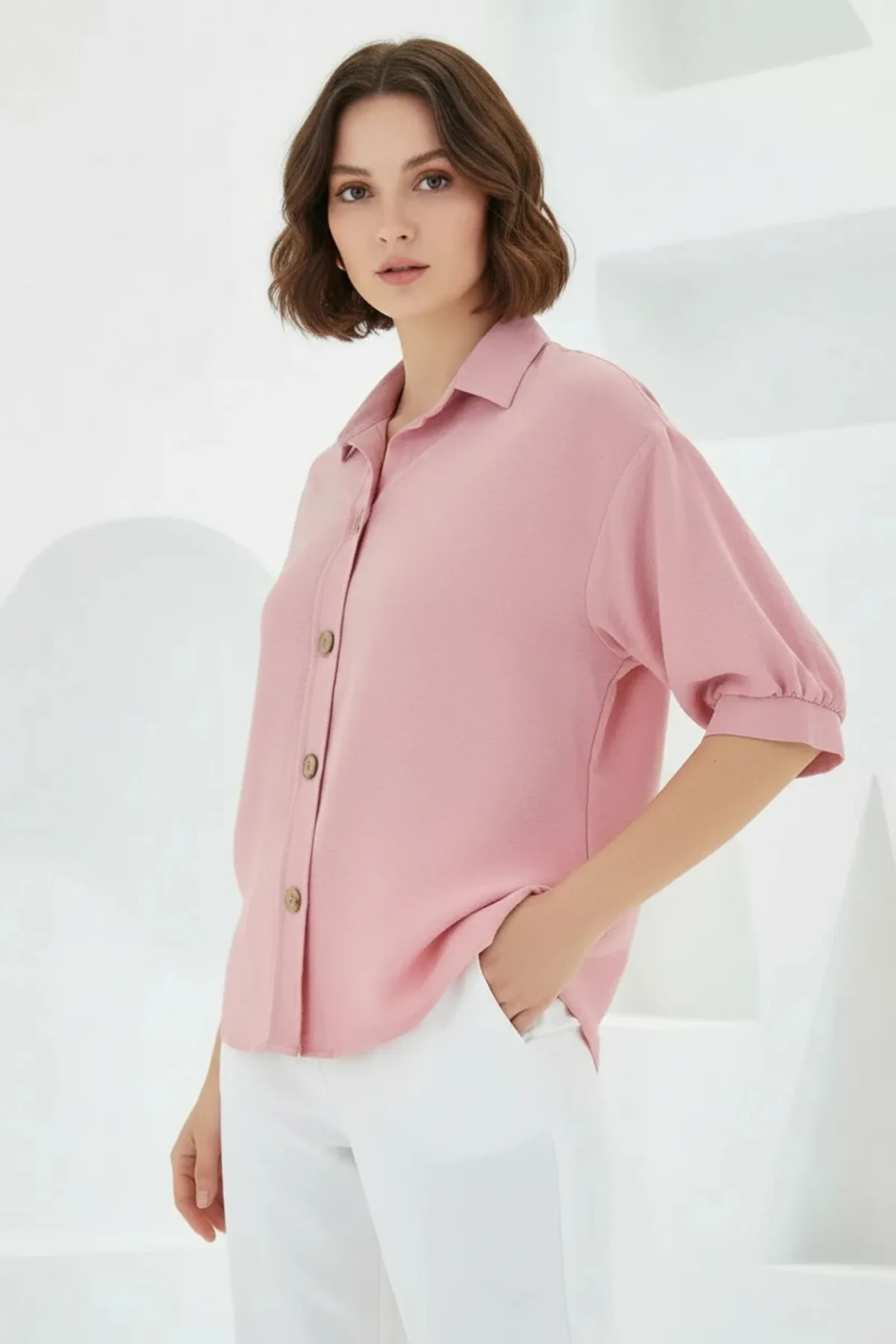 Kadın Oversize Kesim Kısa Kol Keten Pembe Gömlek