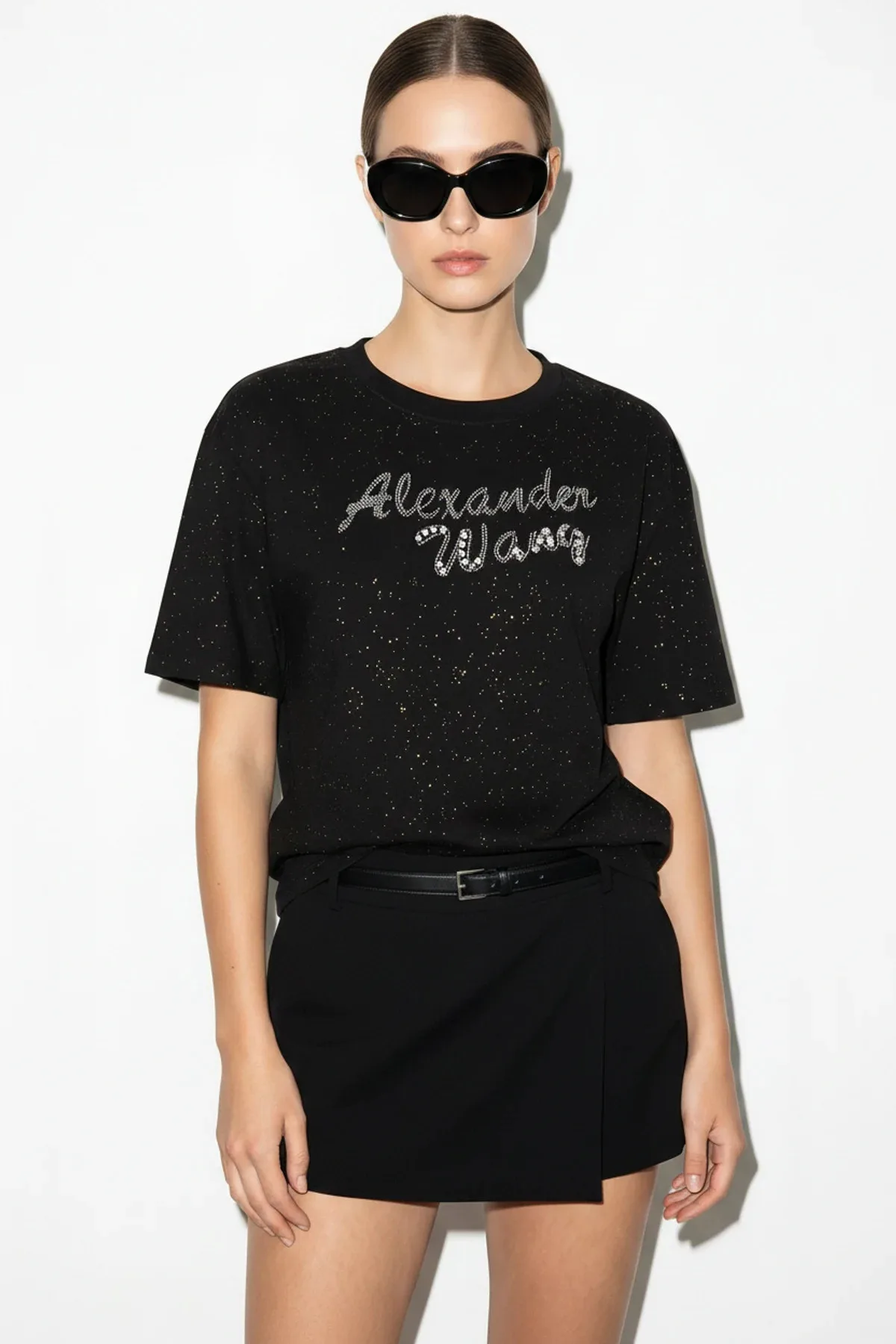 Kadın Simli Taş Yazı Baskılı Bisiklet Yaka Oversize Basic T Shirt Siyah
