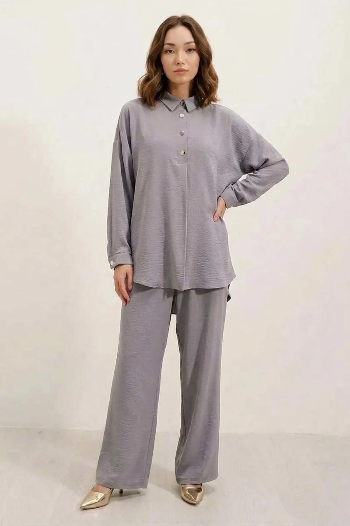 Kadın Düğmeli Oversize Gri Takım