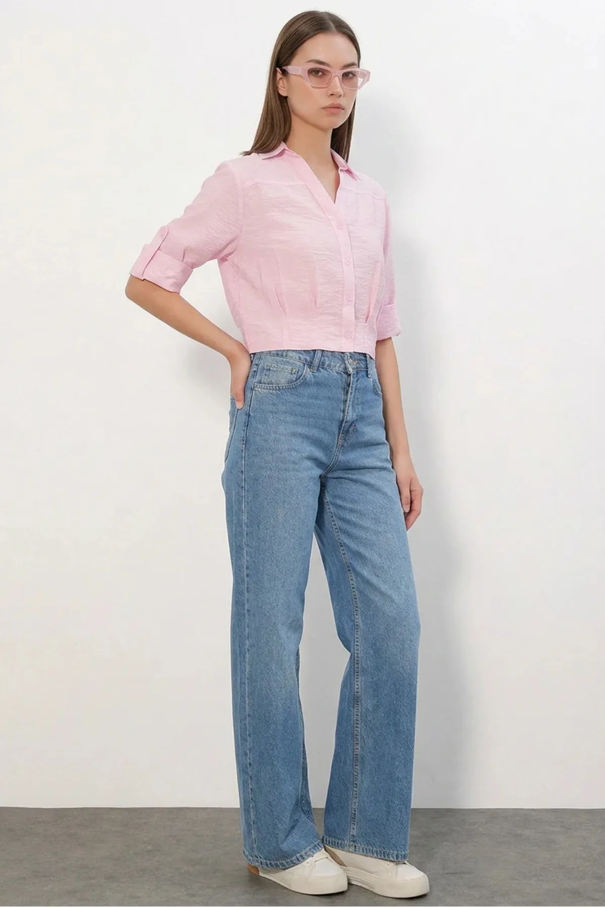 Kadın Crop Oversize Gömlek - Beyaz