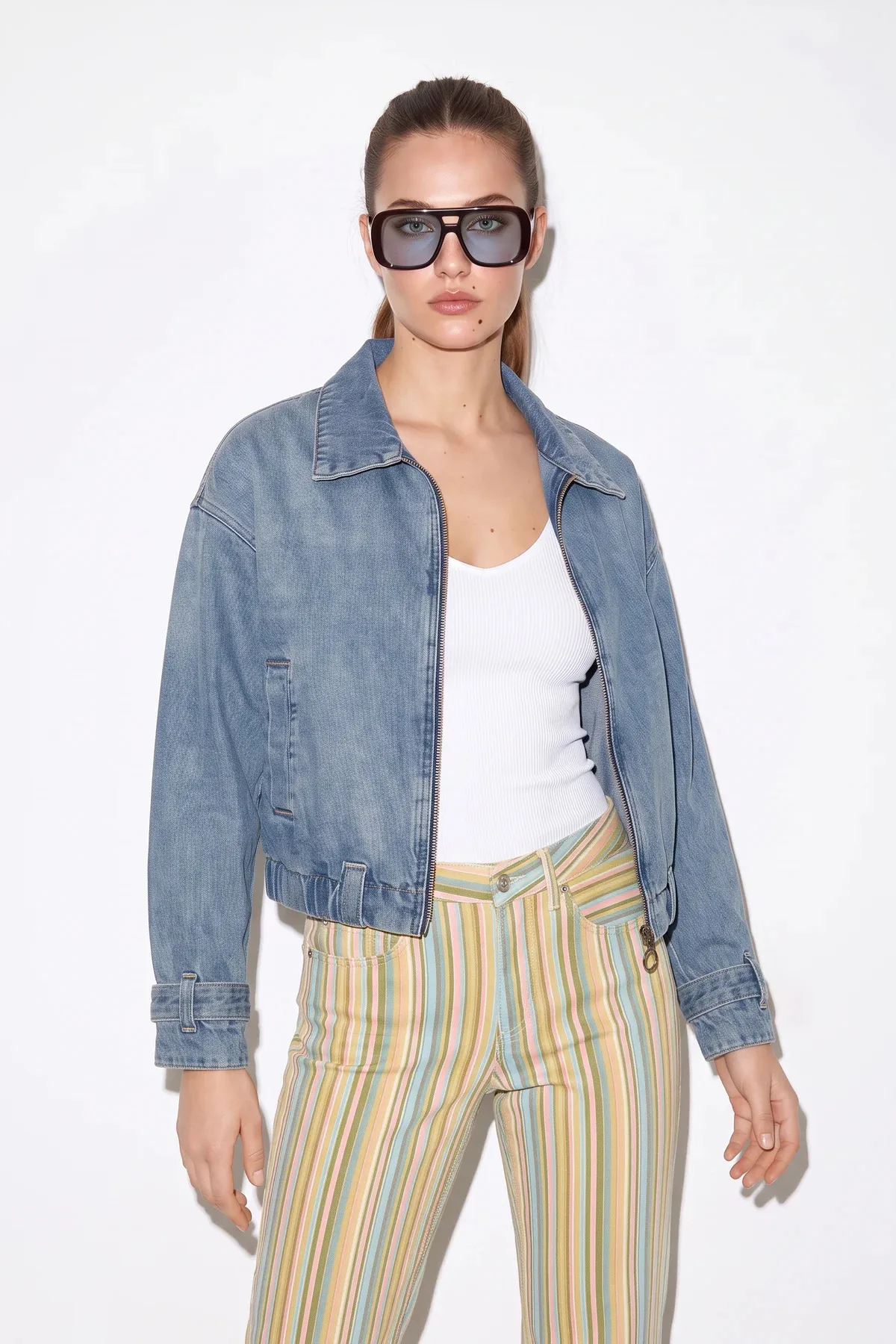 Kadın Fermuarlı Kemer Detaylı Oversize Denim Buz Mavisi Ceket