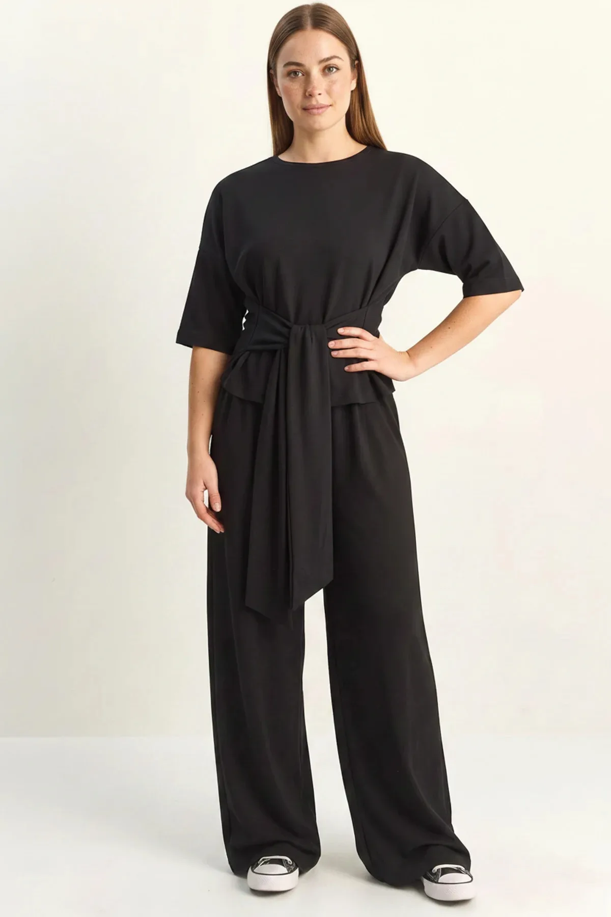 Kadın Belden Bağlamalı Basic T Shirt Bol Paça Pantolon Alt Üst Modal Siyah Takım