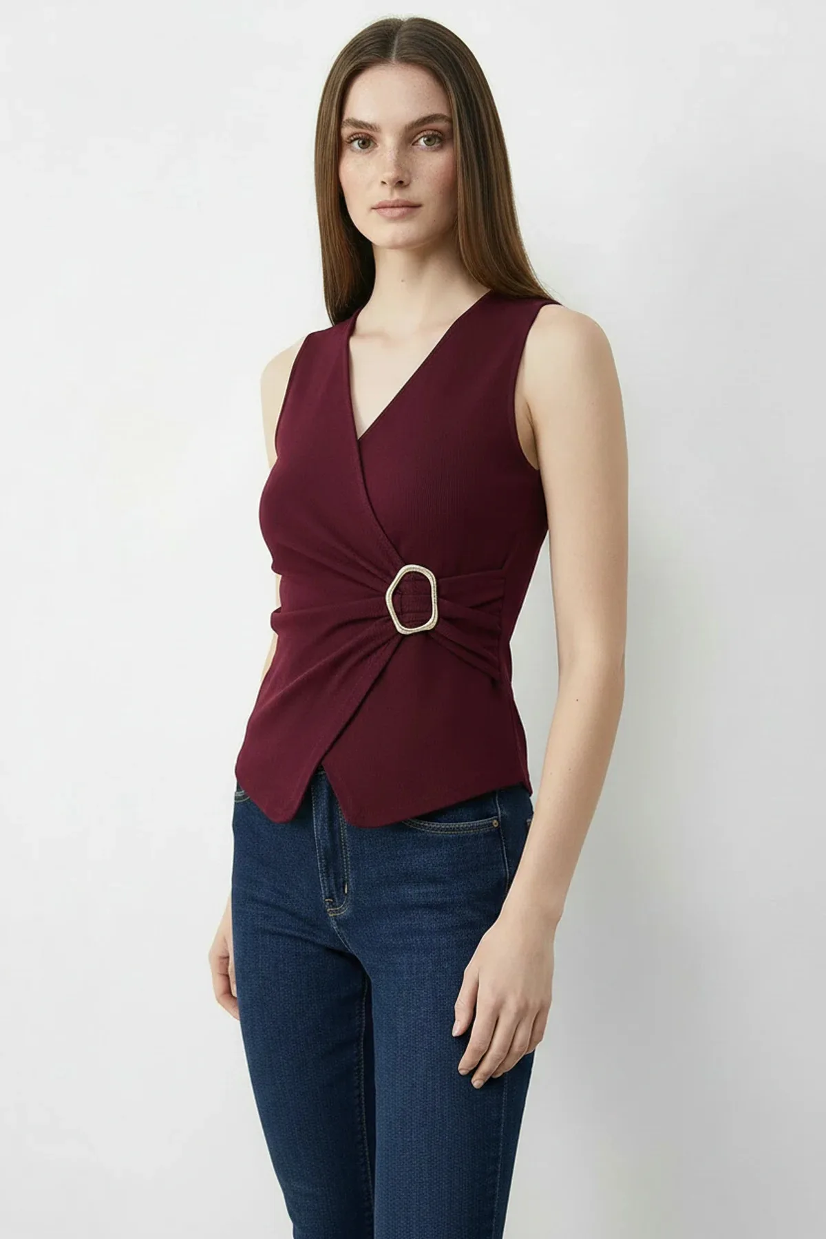 Kadın Kruvaze Yaka Gold Toka Detaylı Bordo Bluz