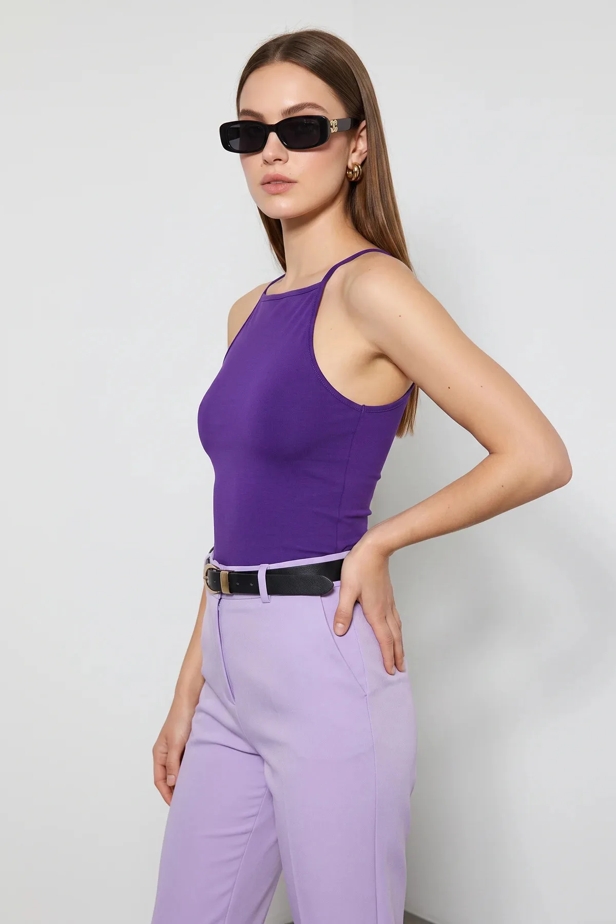 Kadın Halter Yaka Saran Basic Mor Bluz
