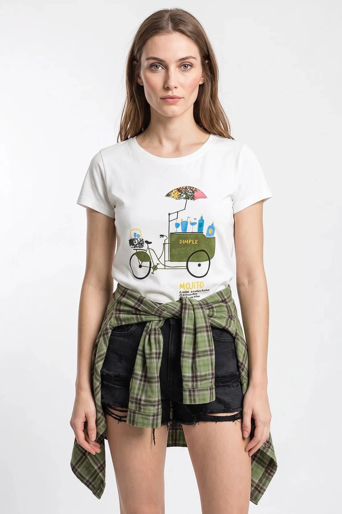 Kadın El İşi Nakışlı Bisiklet Baskılı Premium Tasarım Pamuklu T Shirt Beyaz T-Shirt