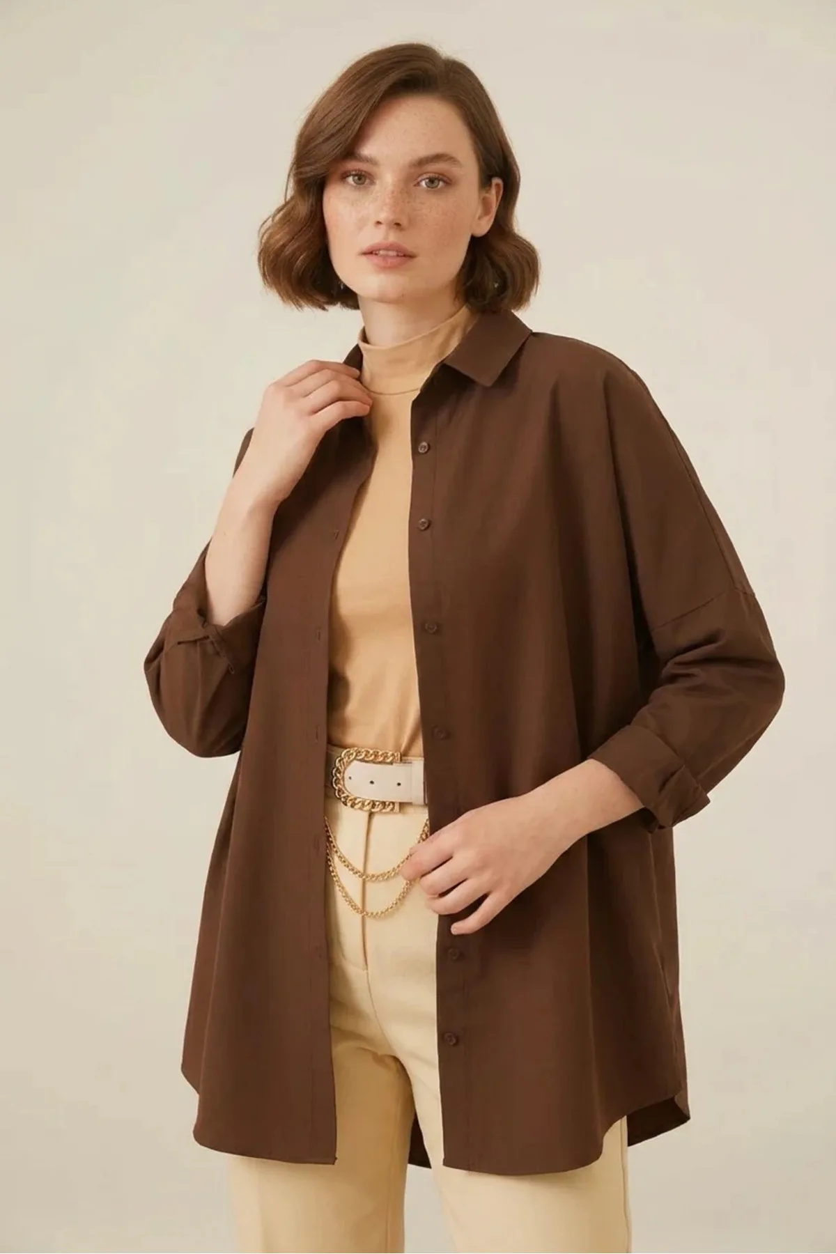 Kadın Oversize Basic Pamuklu Çağla Yeşili Tesettür Gömlek