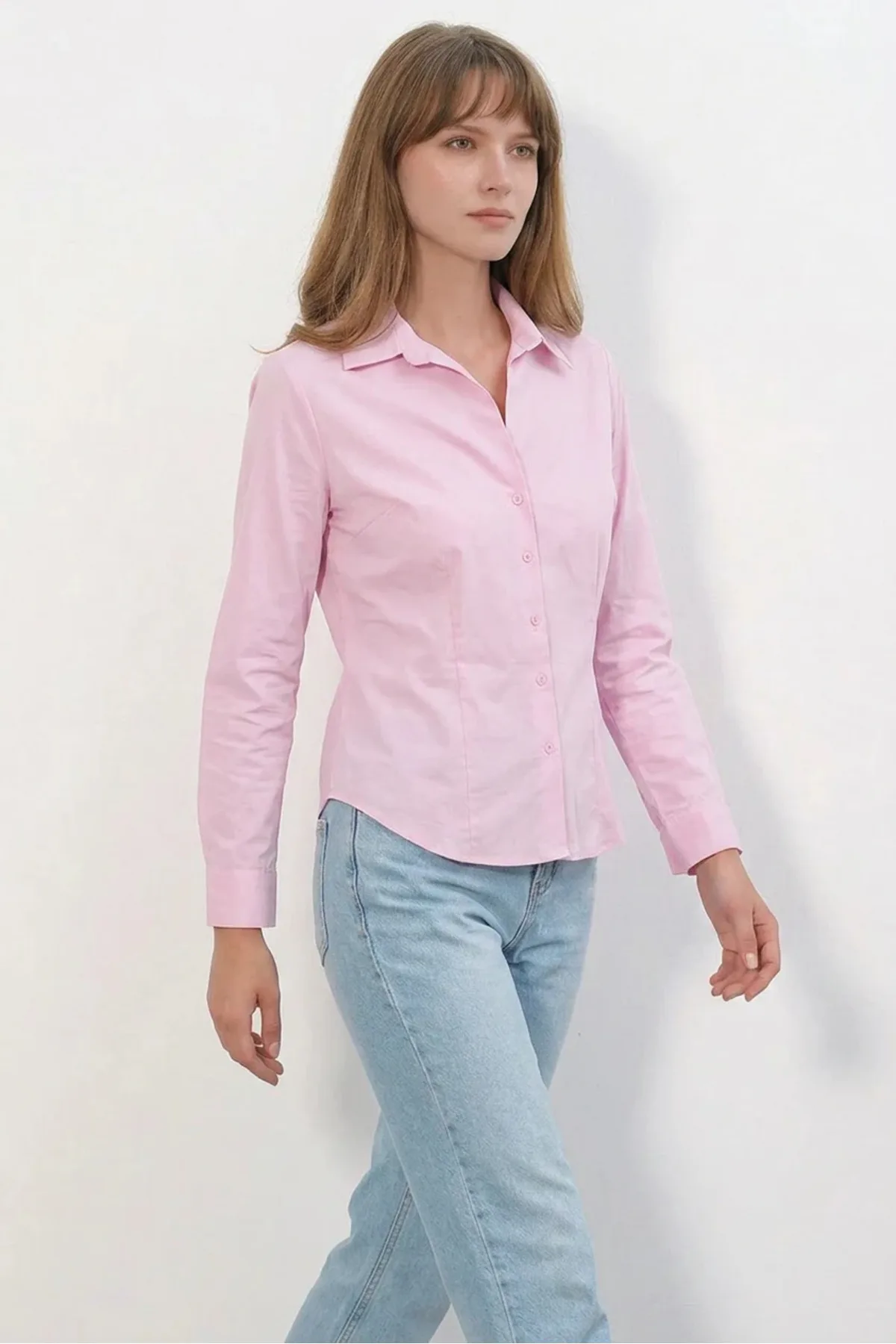 Kadın Klasik Yaka Basic Pembe Gömlek